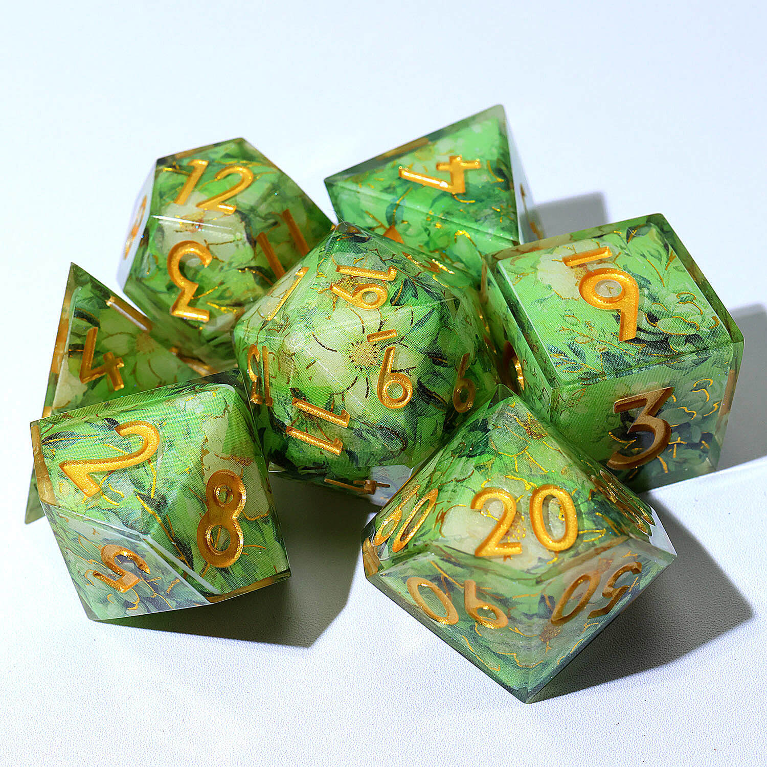 7 Piece Polyhedral Dice Sets DnD Green Flower - Dice of Dragons