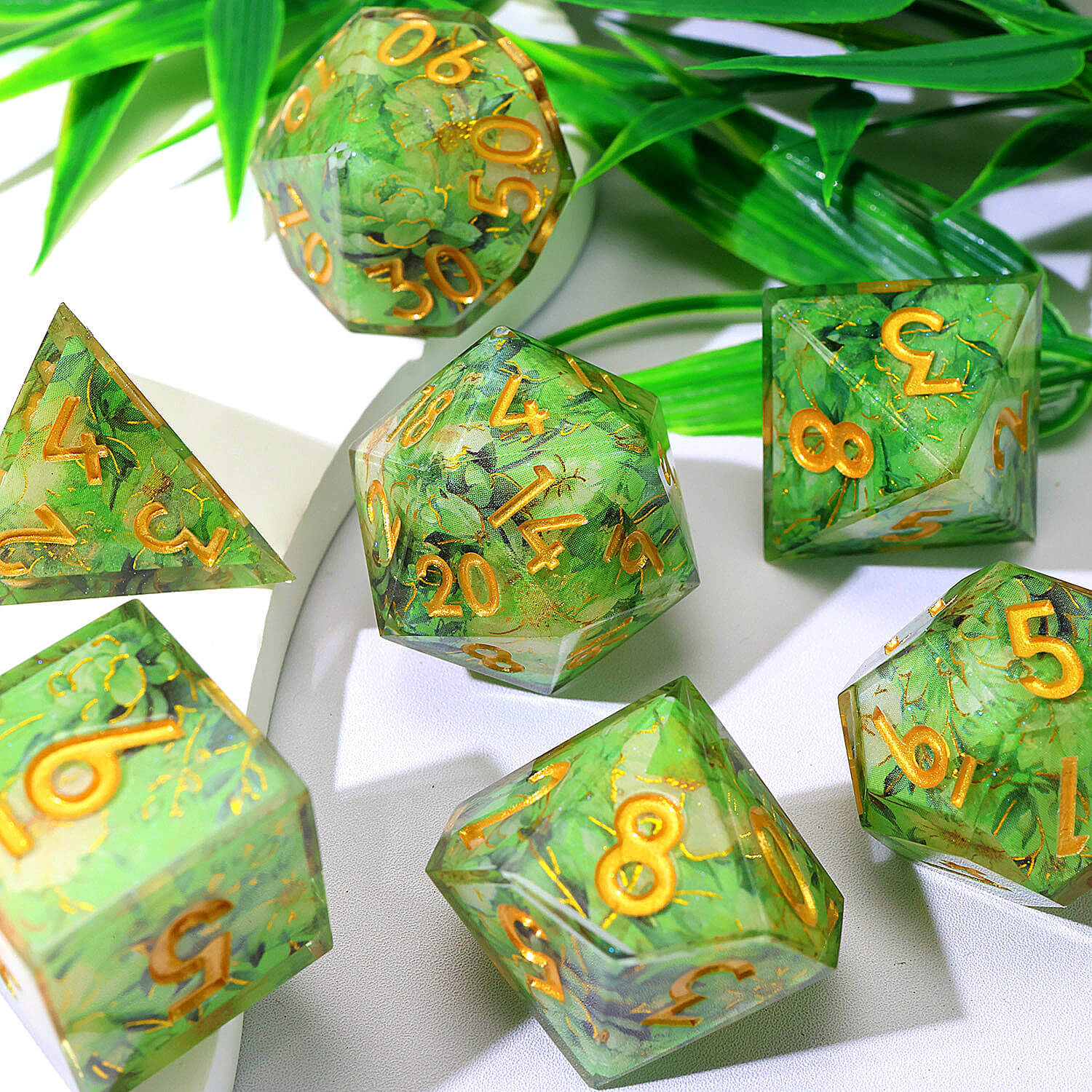 7 Piece Polyhedral Dice Sets DnD Green Flower - Dice of Dragons