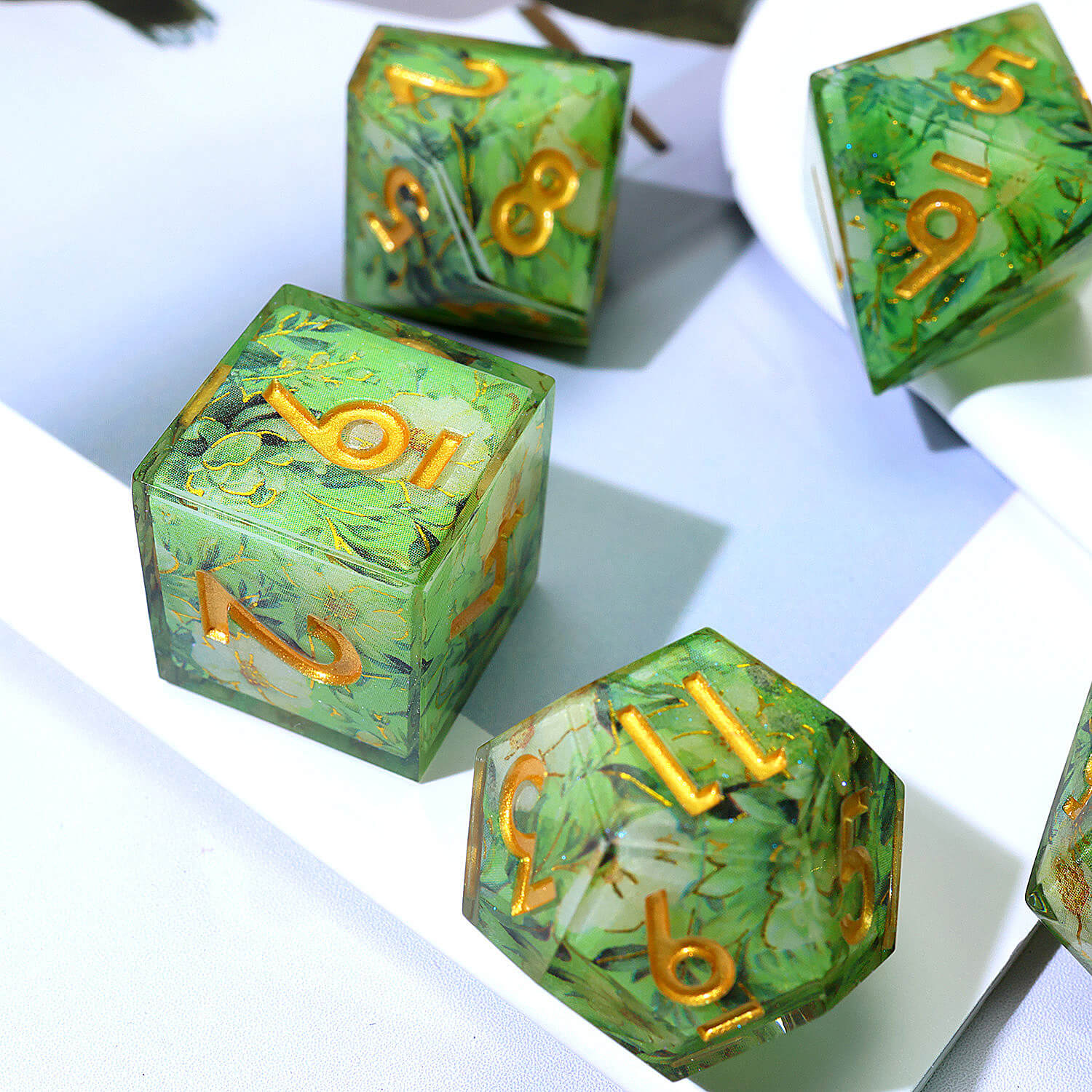 7 Piece Polyhedral Dice Sets DnD Green Flower - Dice of Dragons