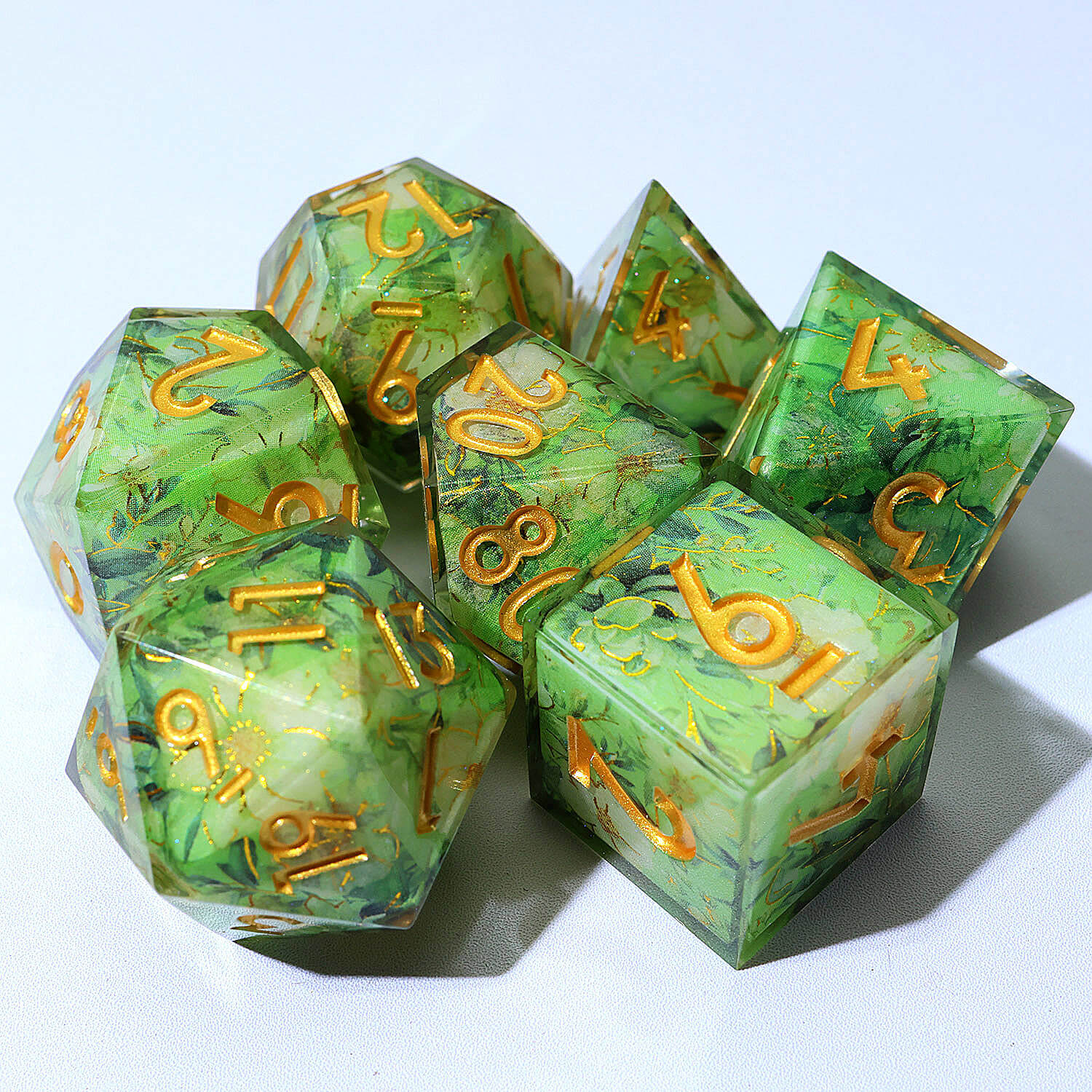 7 Piece Polyhedral Dice Sets DnD Green Flower - Dice of Dragons