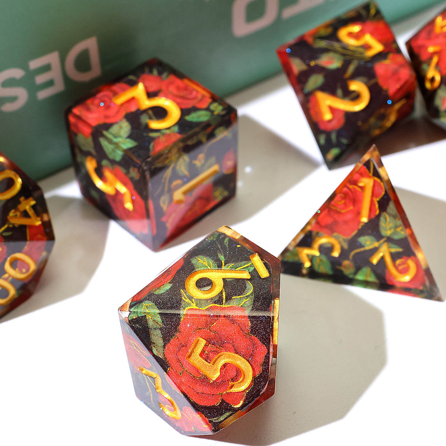 7 Piece Polyhedral Dice Sets D&D Red Flower Black - Dice of Dragons