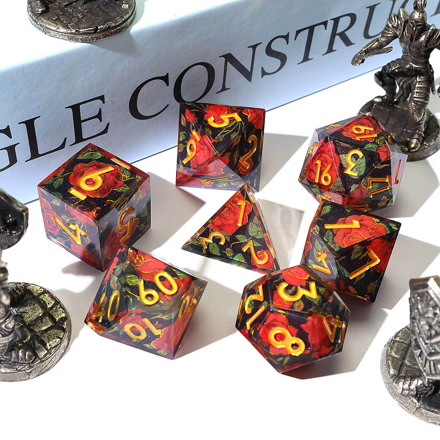 7 Piece Polyhedral Dice Sets D&D Red Flower Black - Dice of Dragons