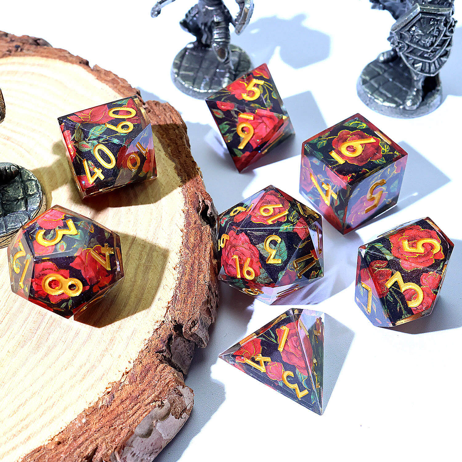 7 Piece Polyhedral Dice Sets D&D Red Flower Black - Dice of Dragons