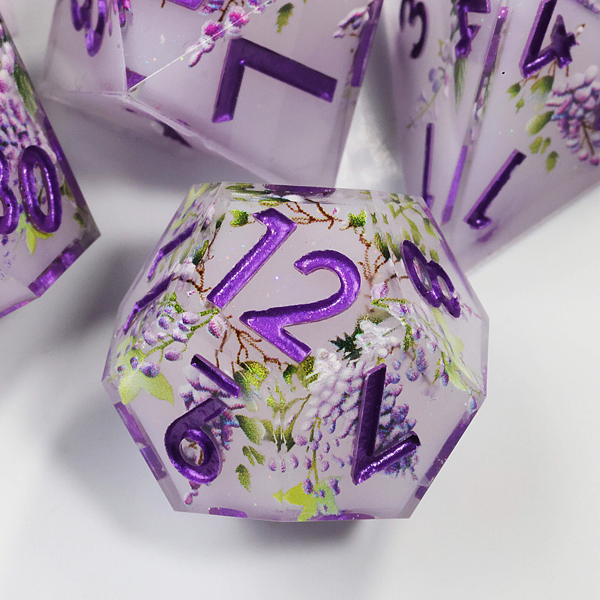 7 Piece Polyhedral DnD Dice Sets Purple Flower - Dice of Dragons