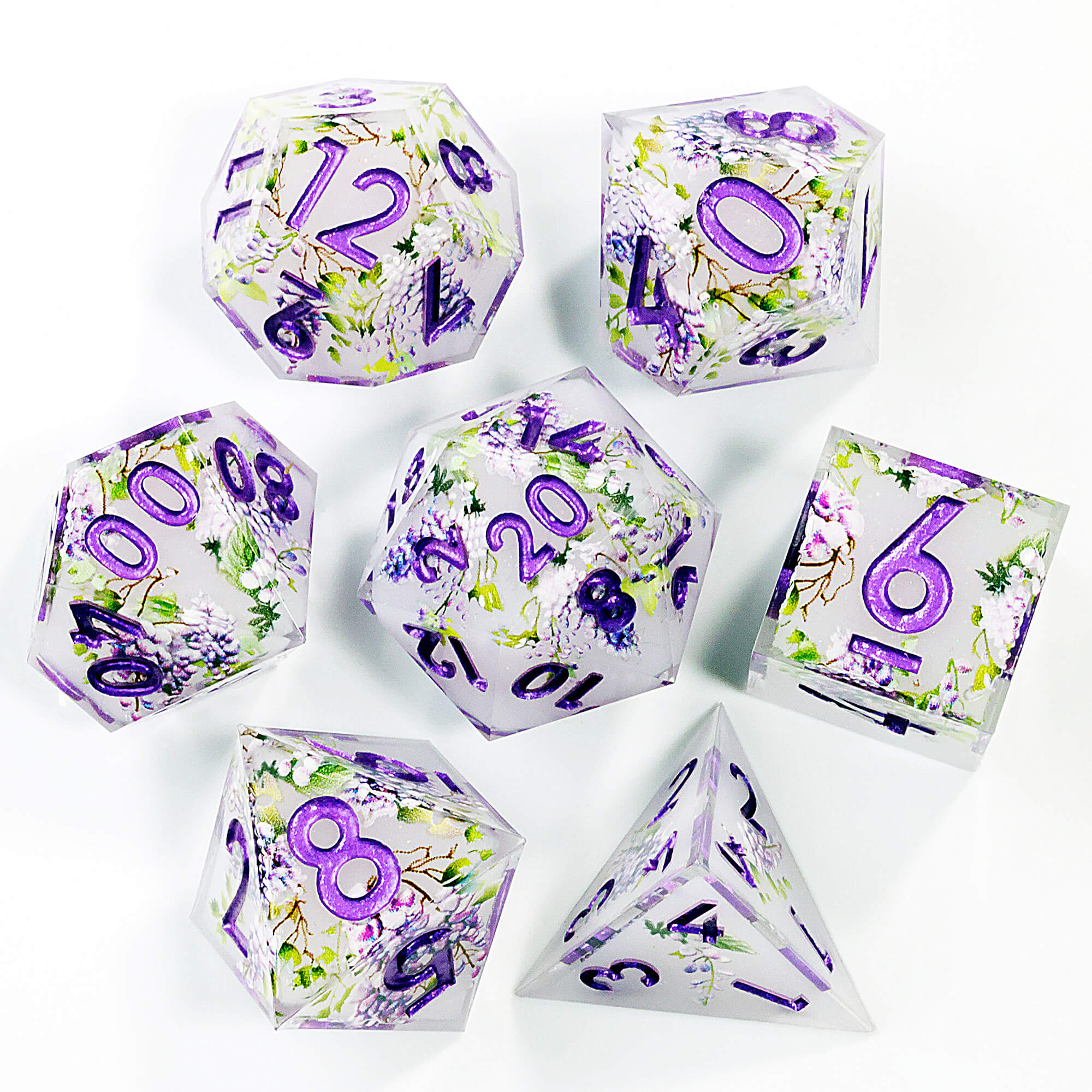 7 Piece Polyhedral DnD Dice Sets Purple Flower - Dice of Dragons