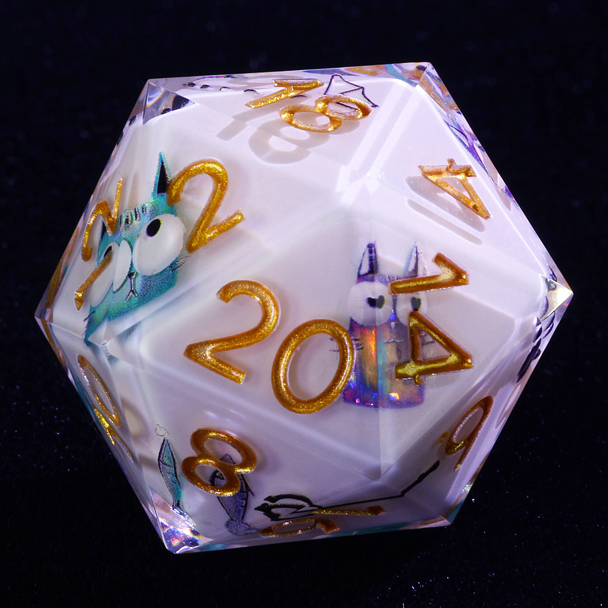 7 Piece Resin Polyhedral D and D Dice Sets Smiley Cat White - Dice of Dragons