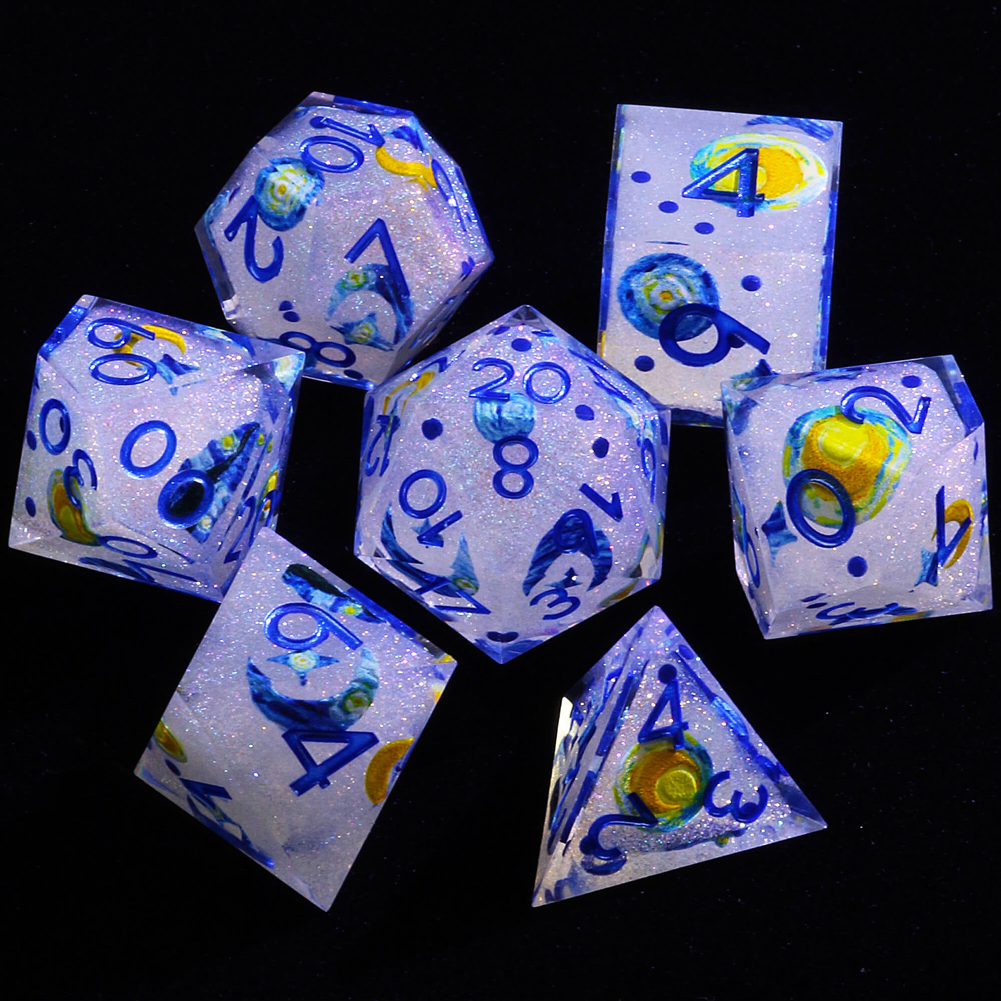 7 Piece Resin Polyhedral D and D Dice Set Shiny the Starry Night-van Gogh - Dice of Dragons