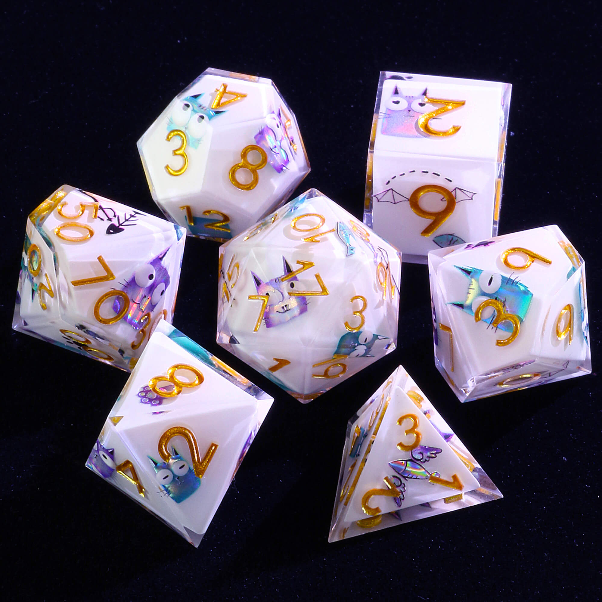 7 Piece Resin Polyhedral D and D Dice Sets Smiley Cat White - Dice of Dragons