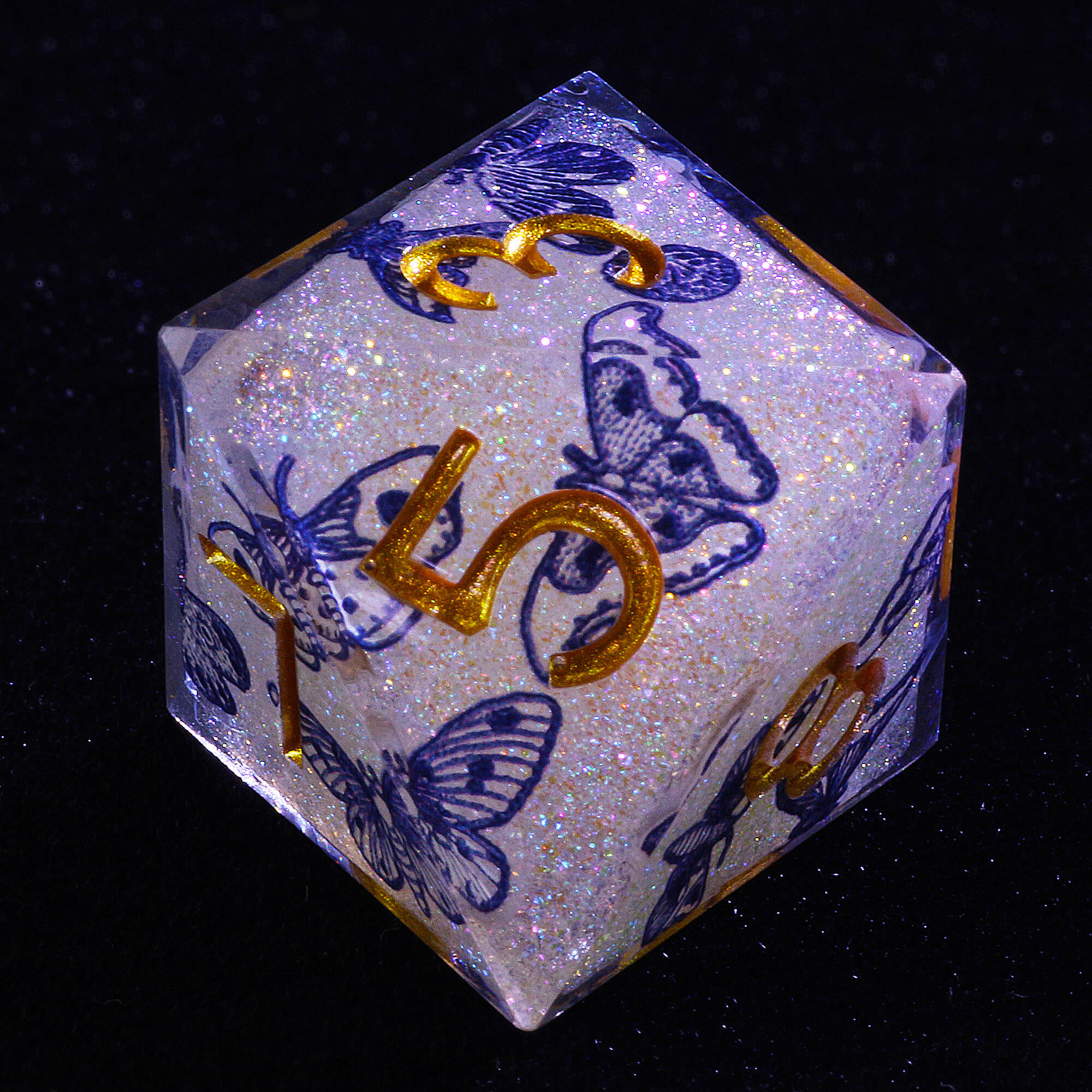 7 Piece Resin Polyhedral Dice Set D and D Blue and White Porcelain Butterfly - Dice of Dragons