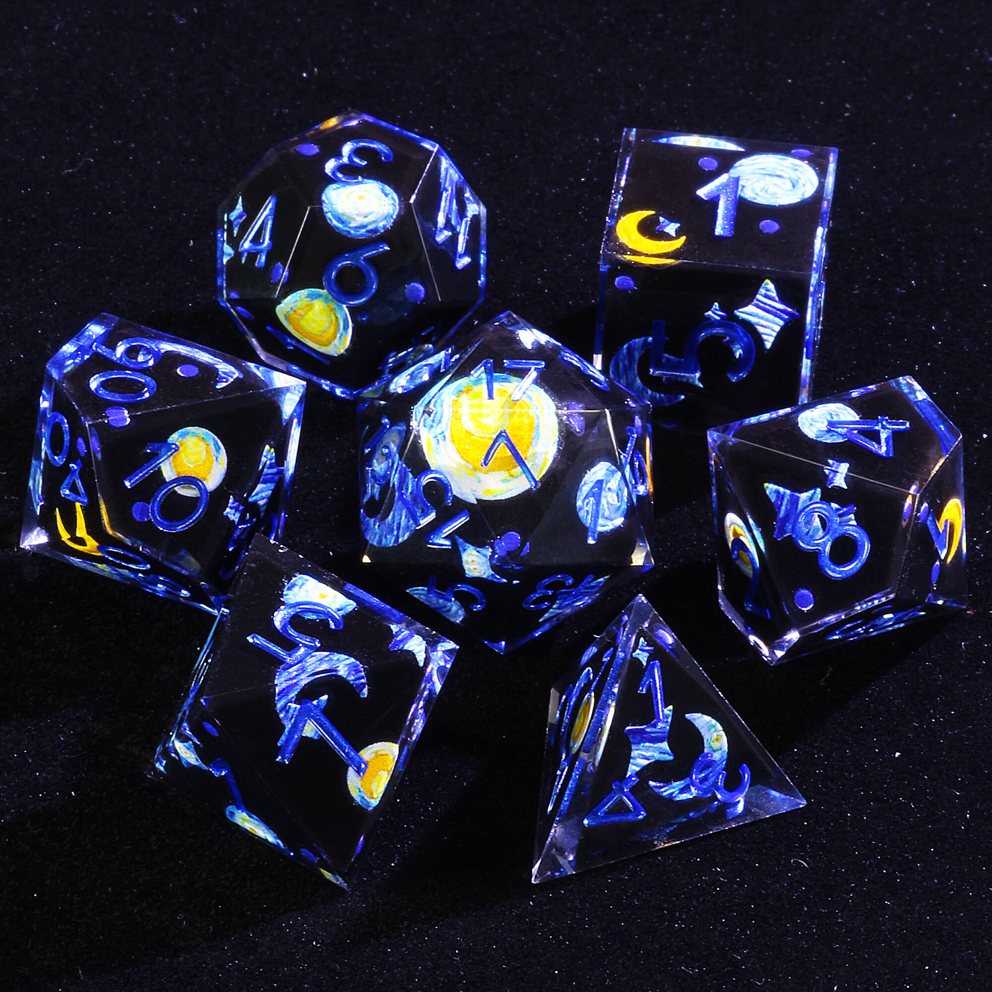 7 Piece Resin Polyhedral DD Dice Set the Starry Night-van Gogh Black - Dice of Dragons