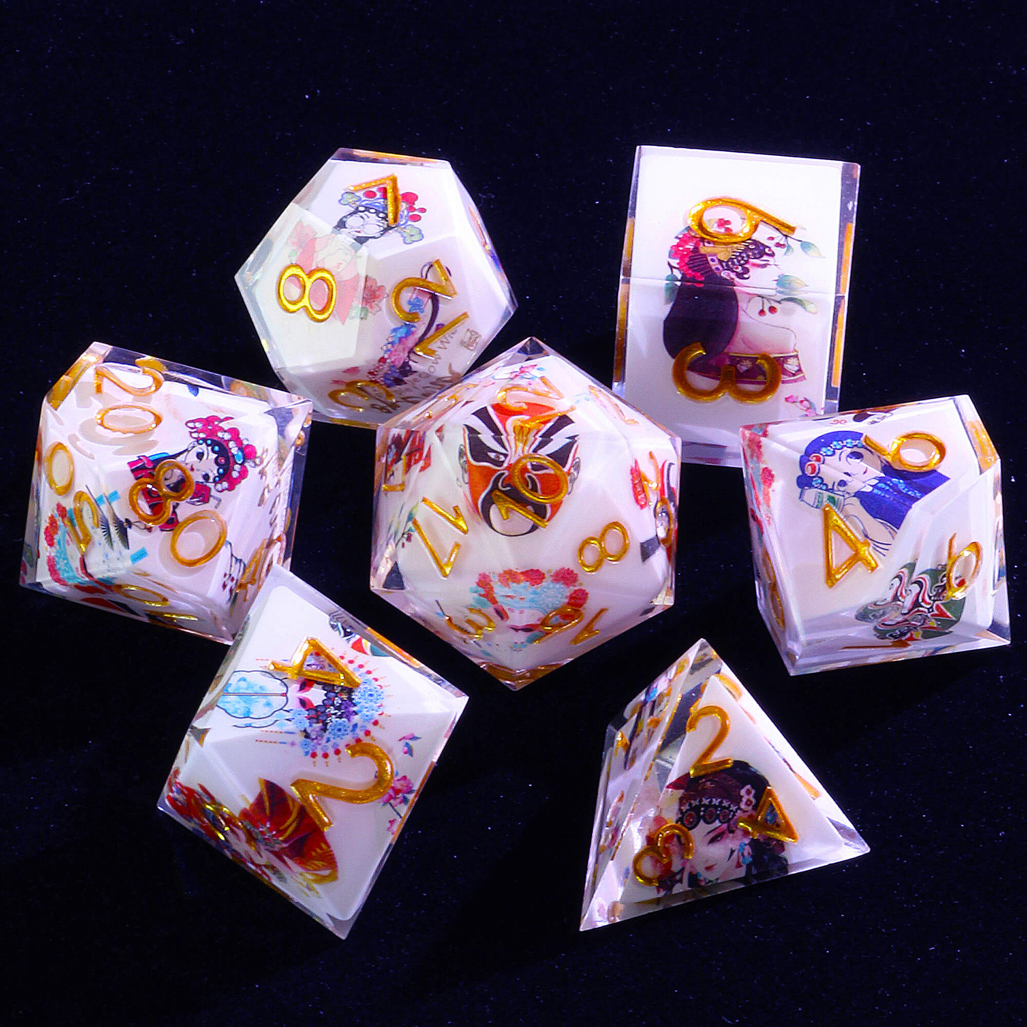 7 Piece Resin Polyhedral D&D Dice Sets Peking Opera Golden Numbers - Dice of Dragons