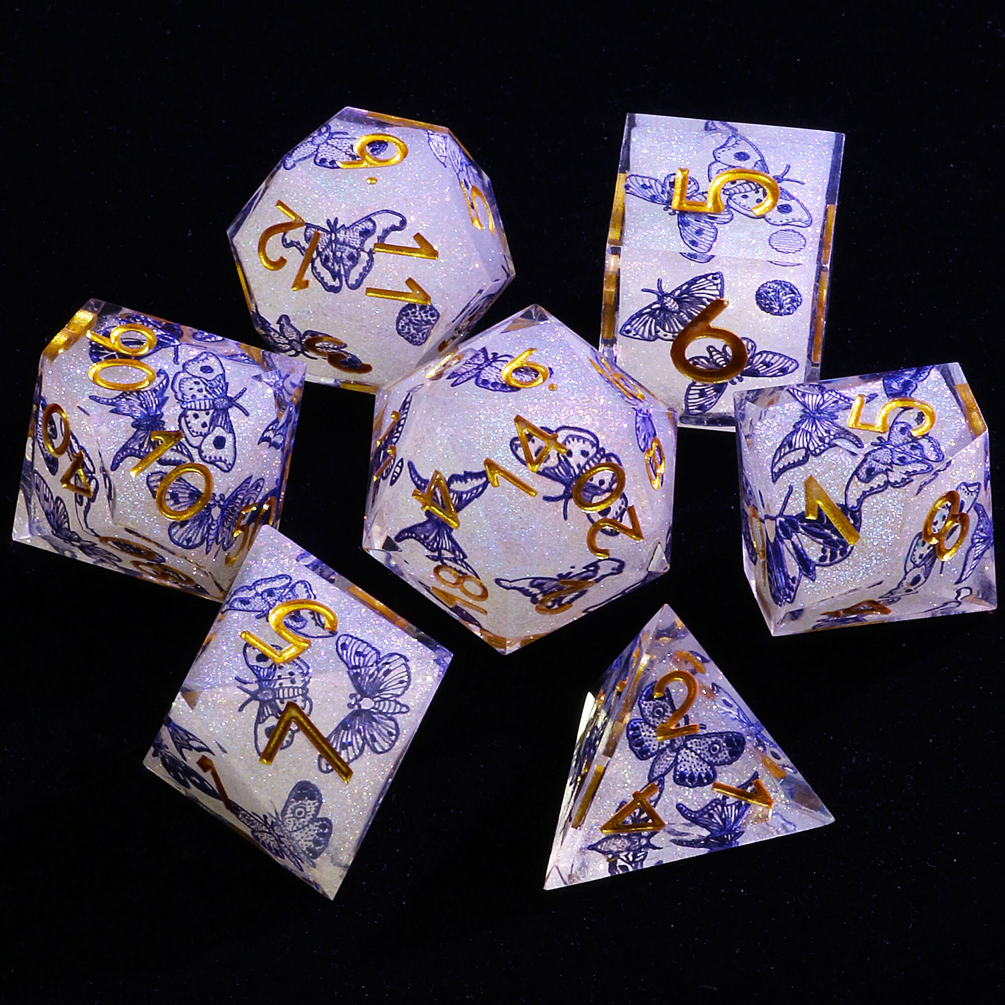 7 Piece Resin Polyhedral Dice Set D and D Blue and White Porcelain Butterfly - Dice of Dragons