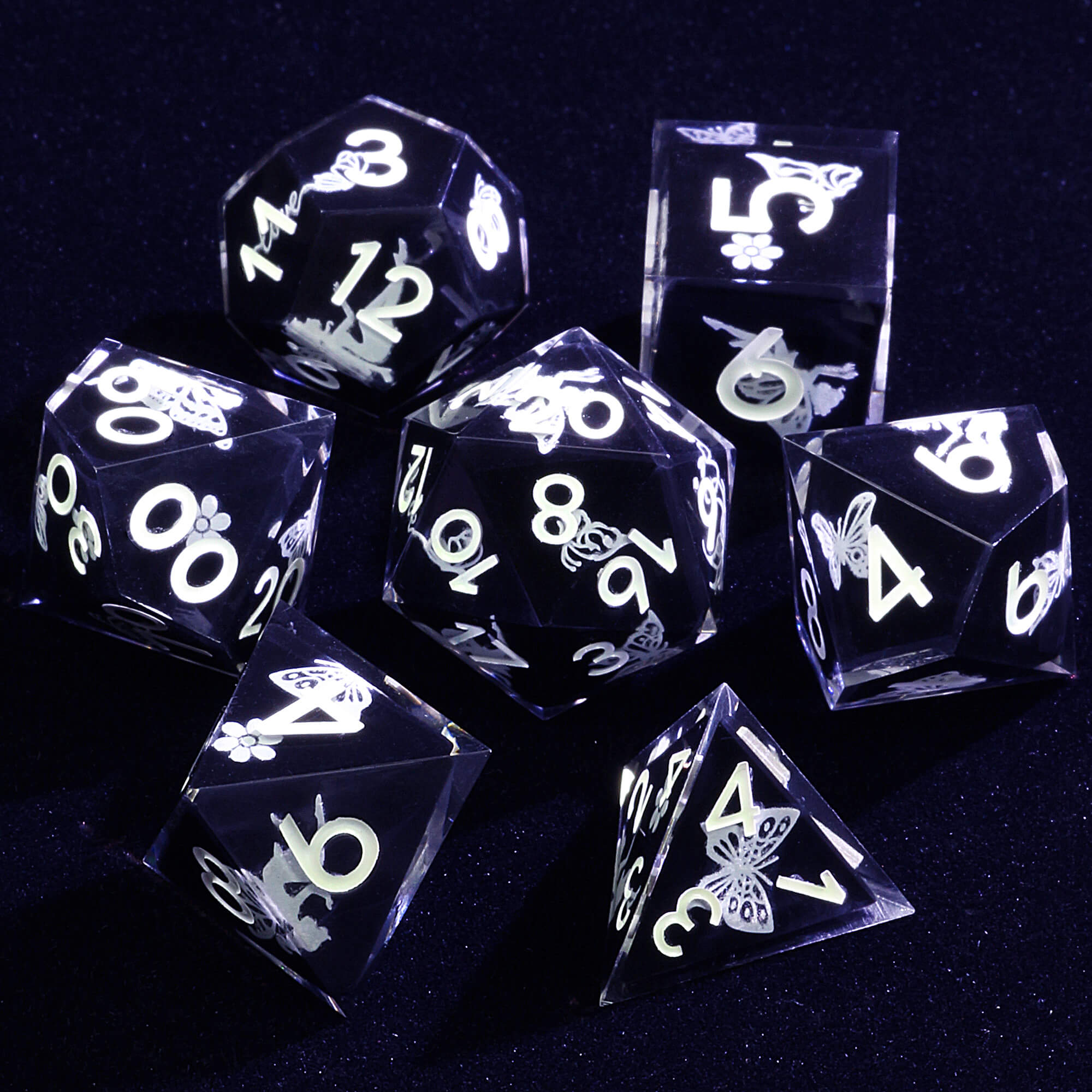 7 Piece Resin Polyhedral Dice Set DD Butterfly Luminous - Dice of Dragons