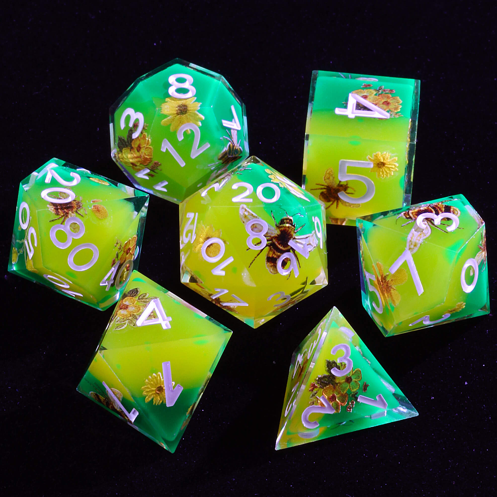 7 Piece Resin Polyhedral Dice Set D&D Bee Green - Dice of Dragons