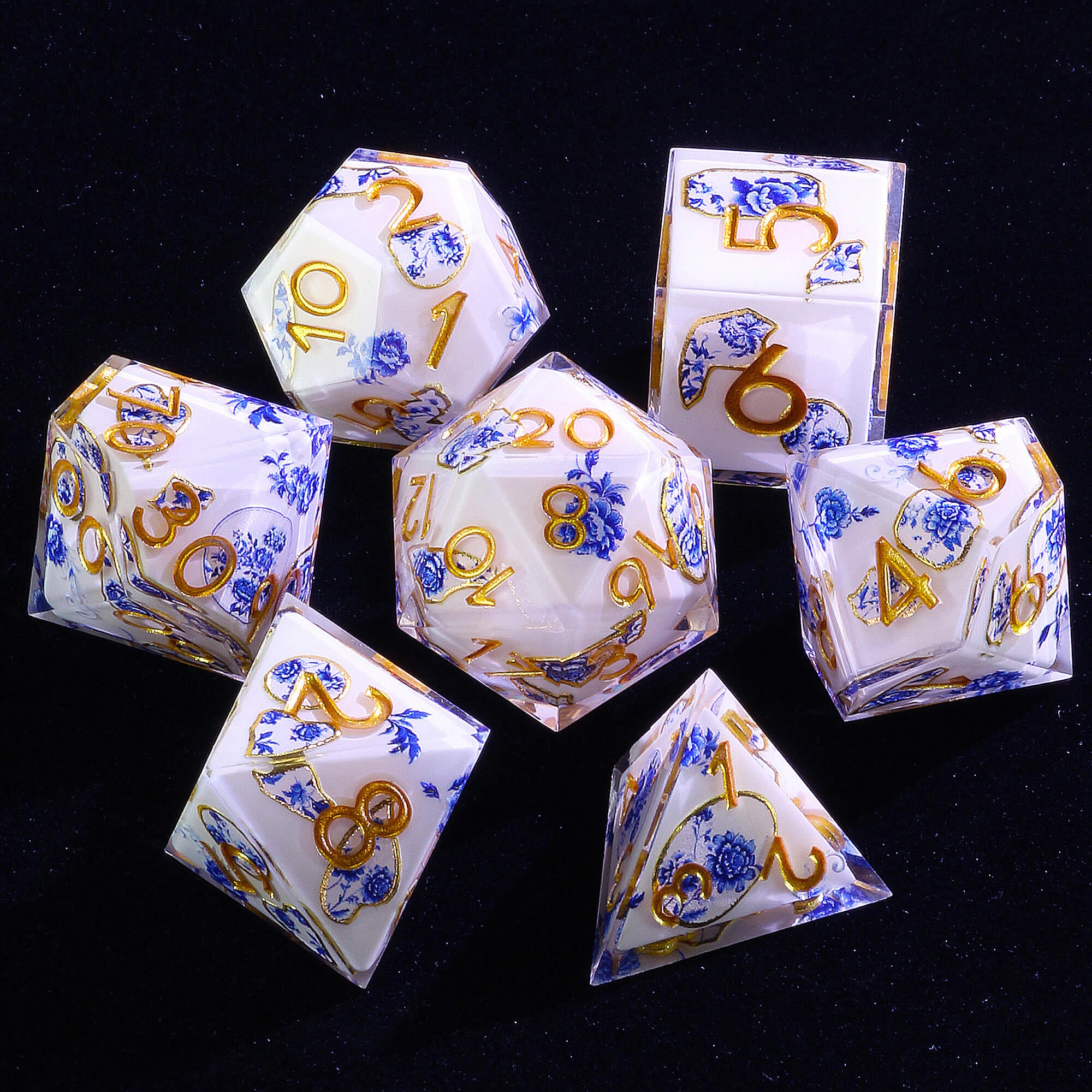 7 Piece Resin Polyhedral Dice Set DnD Blue and White Porcelain - Dice of Dragons