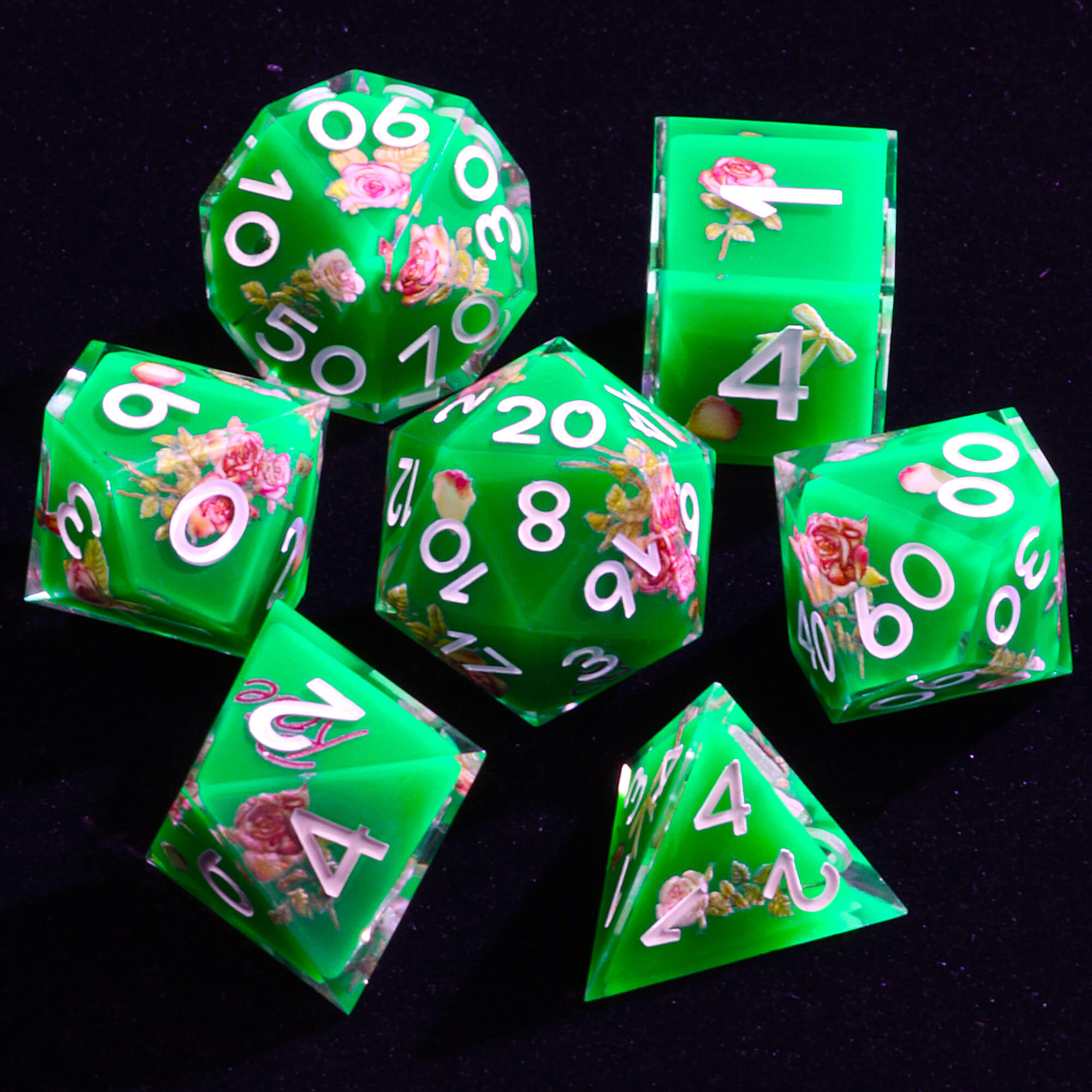 7 Piece Resin Polyhedral Dice Sets D&D Flower Green - Dice of Dragons