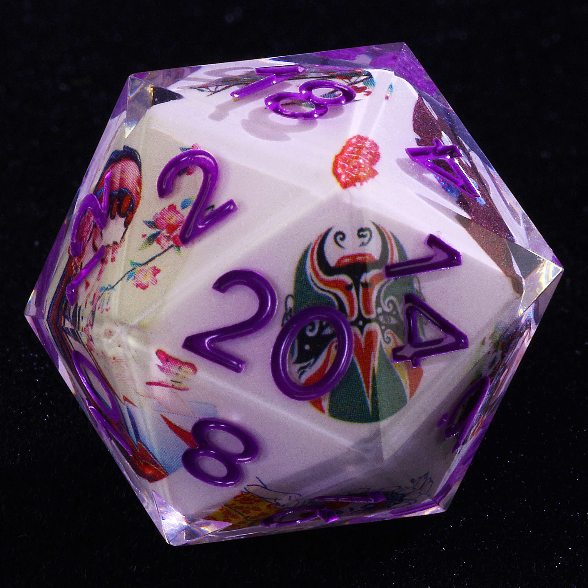 7 Piece Resin Polyhedral DnD Dice Set Peking Opera Purple Numbers - Dice of Dragons