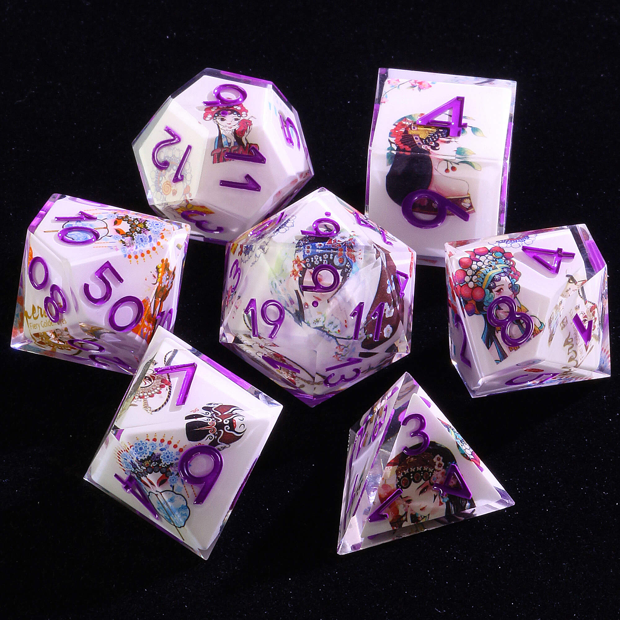 7 Piece Resin Polyhedral DnD Dice Set Peking Opera Purple Numbers - Dice of Dragons