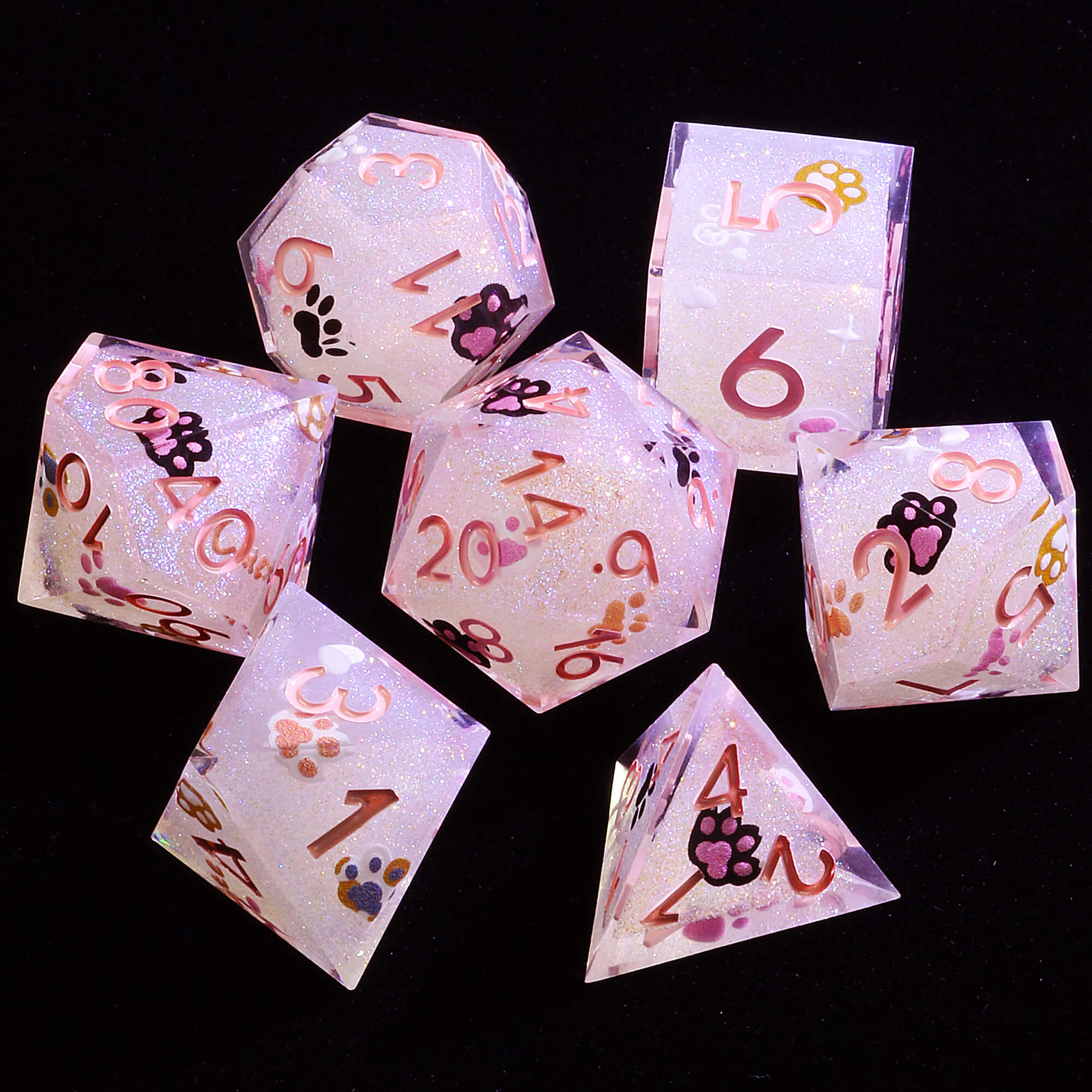 7 Piece Resin Polyhedral DnD Dice Sets Pink Cat Paw - Dice of Dragons