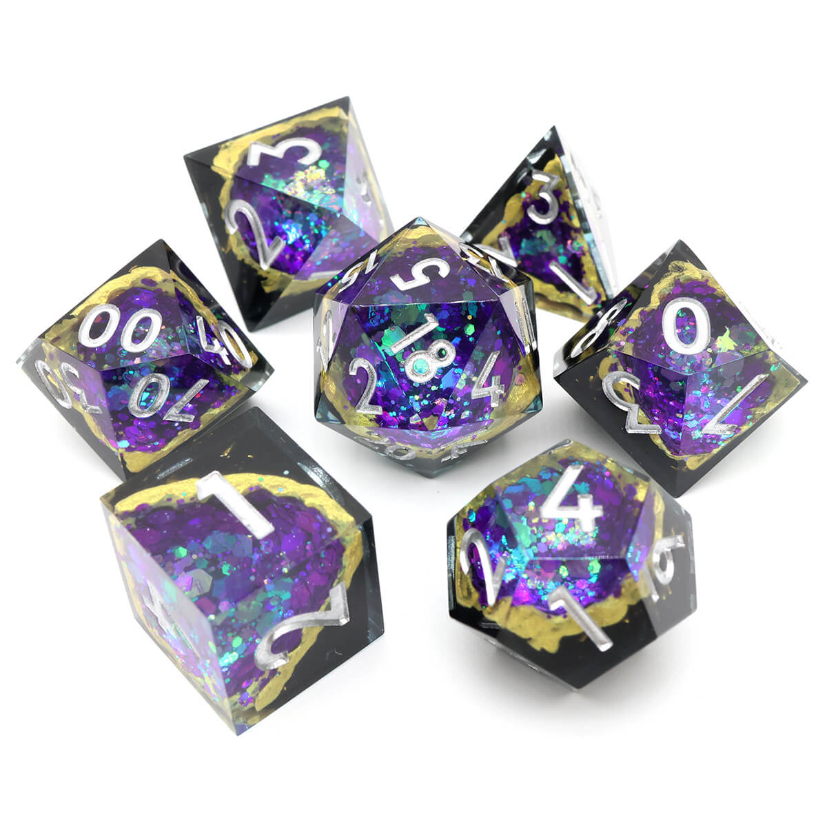 7-Piece Sharp Edge Blue Purple Geode Dice Set for DND - Dice of Dragons