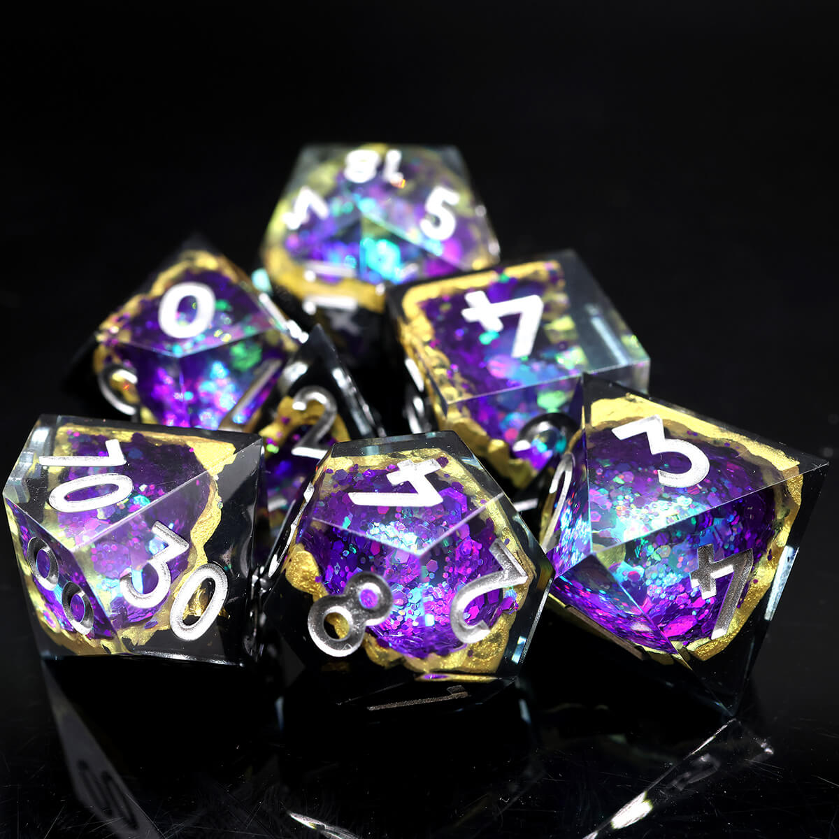 7-Piece Sharp Edge Blue Purple Geode Dice Set for DND - Dice of Dragons