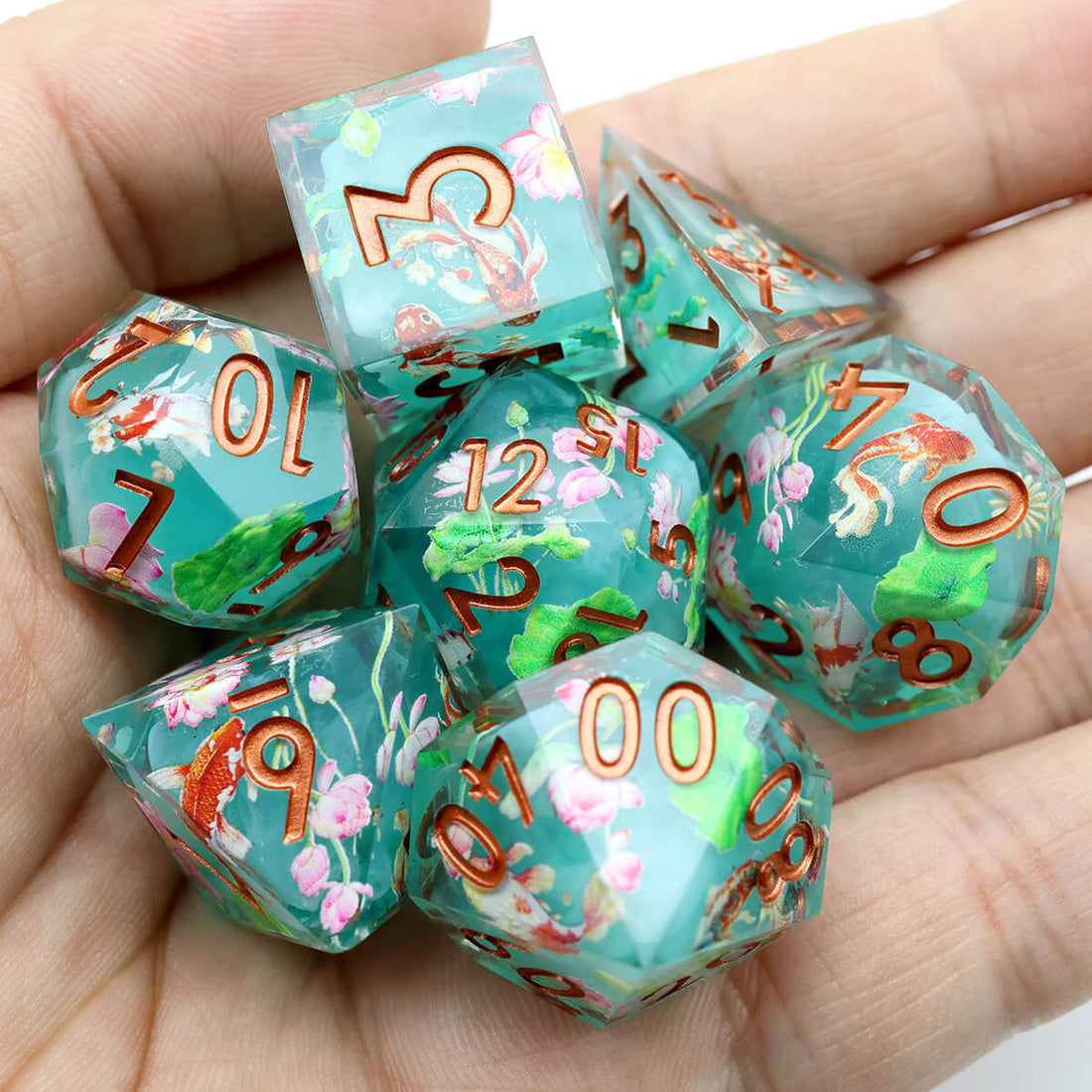 7-Piece Sharp Edge Layered Lotus Flower DND Dice Set | Dice of Dragons