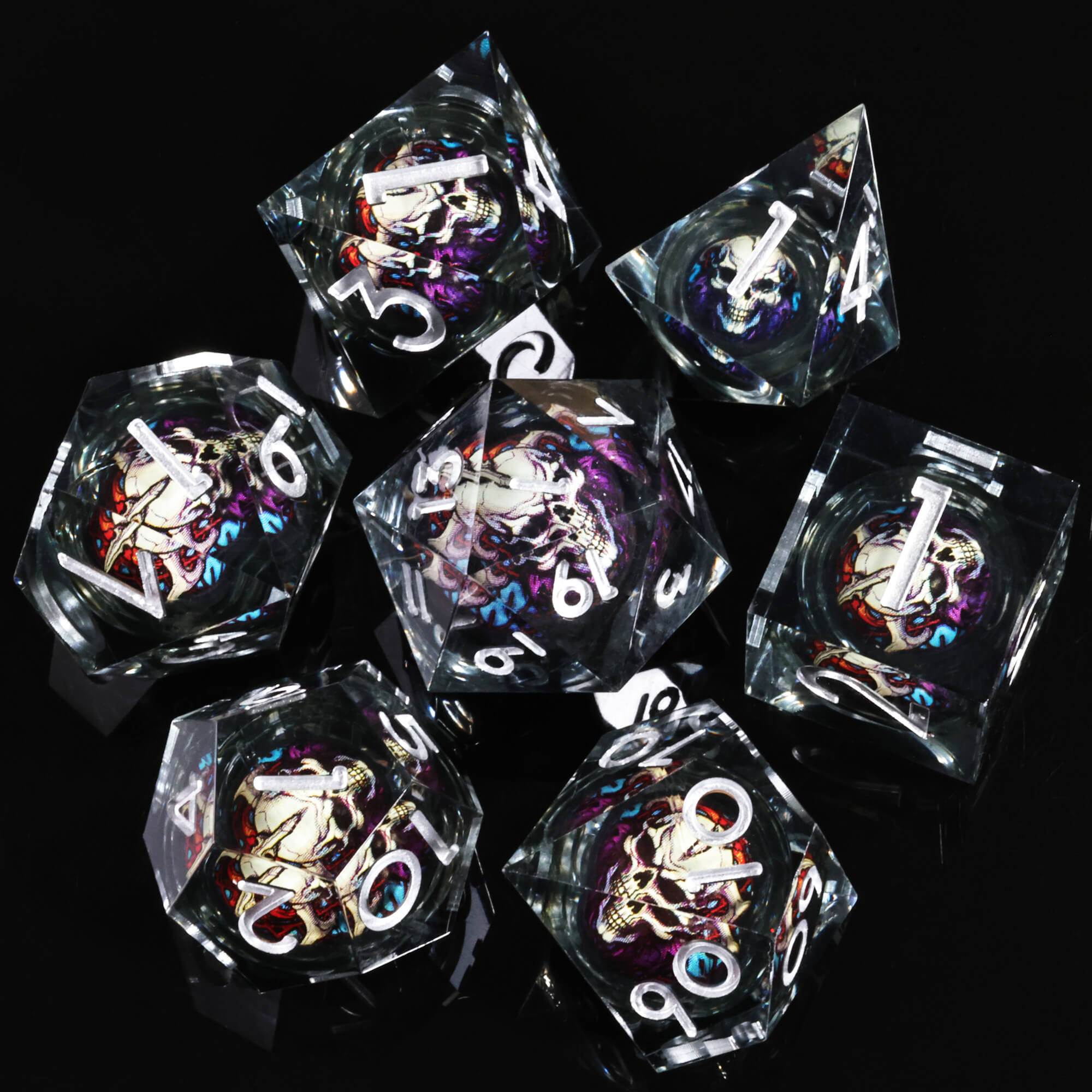 7 Pieces Resin Sharp Edged Polyhedral D&D Dice Set - Black Skull - Dice of Dragons