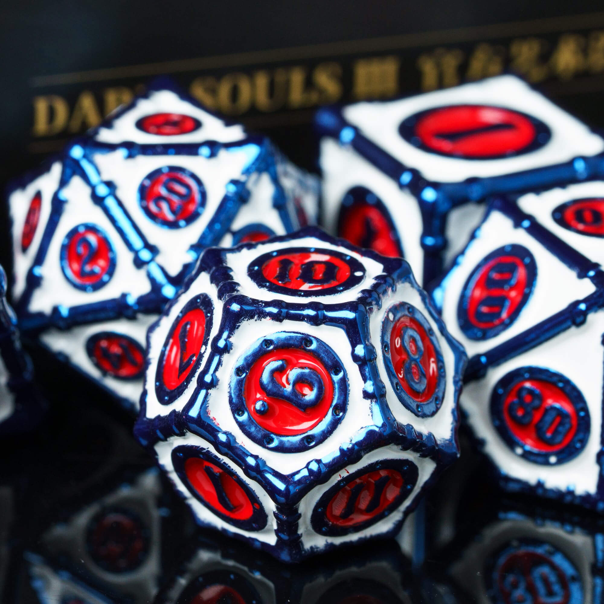 7 Polyhedral Bamboo Tube Metal Dice Sets D And D White Red - Dice of Dragons