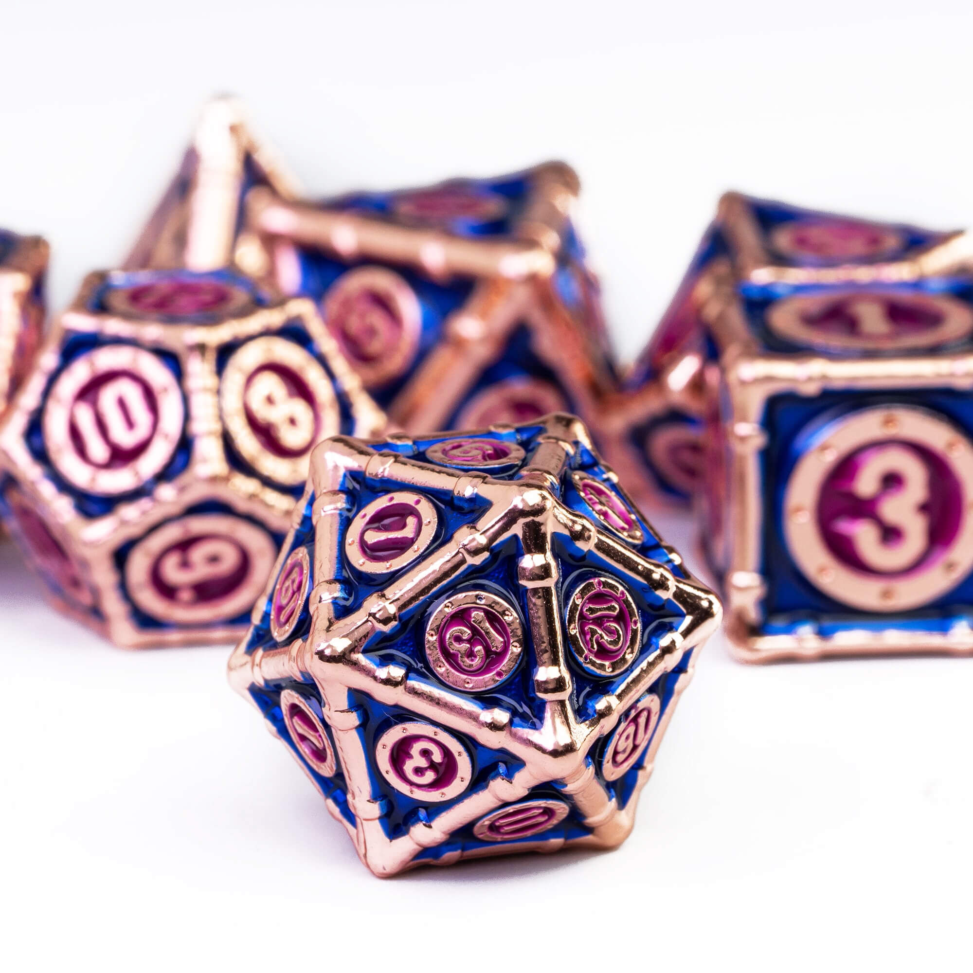 7 Polyhedral Bamboo Tube Metal Dice Set DD Blue Purple - Dice of Dragons