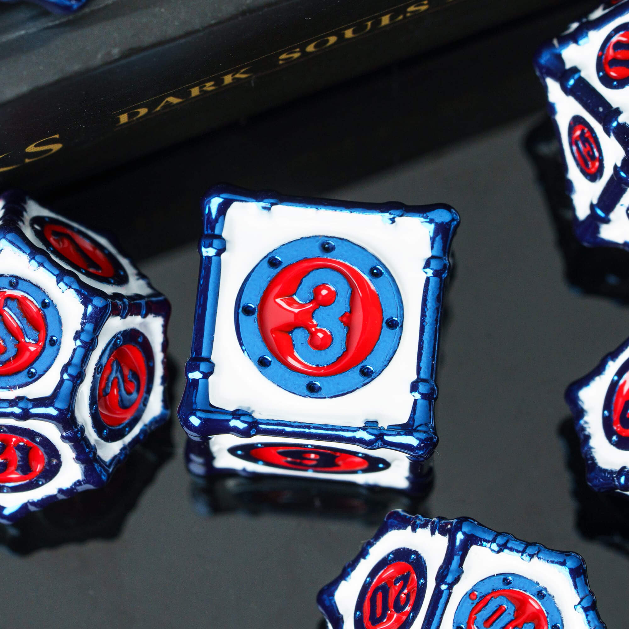 7 Polyhedral Bamboo Tube Metal Dice Sets D And D White Red - Dice of Dragons