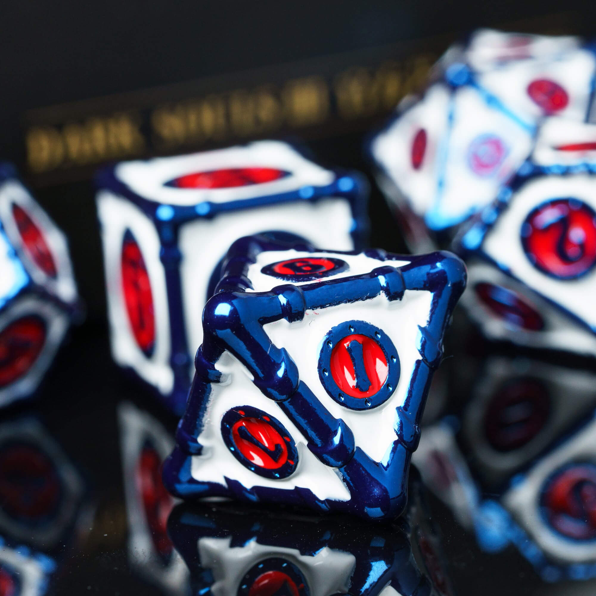 7 Polyhedral Bamboo Tube Metal Dice Sets D And D White Red - Dice of Dragons