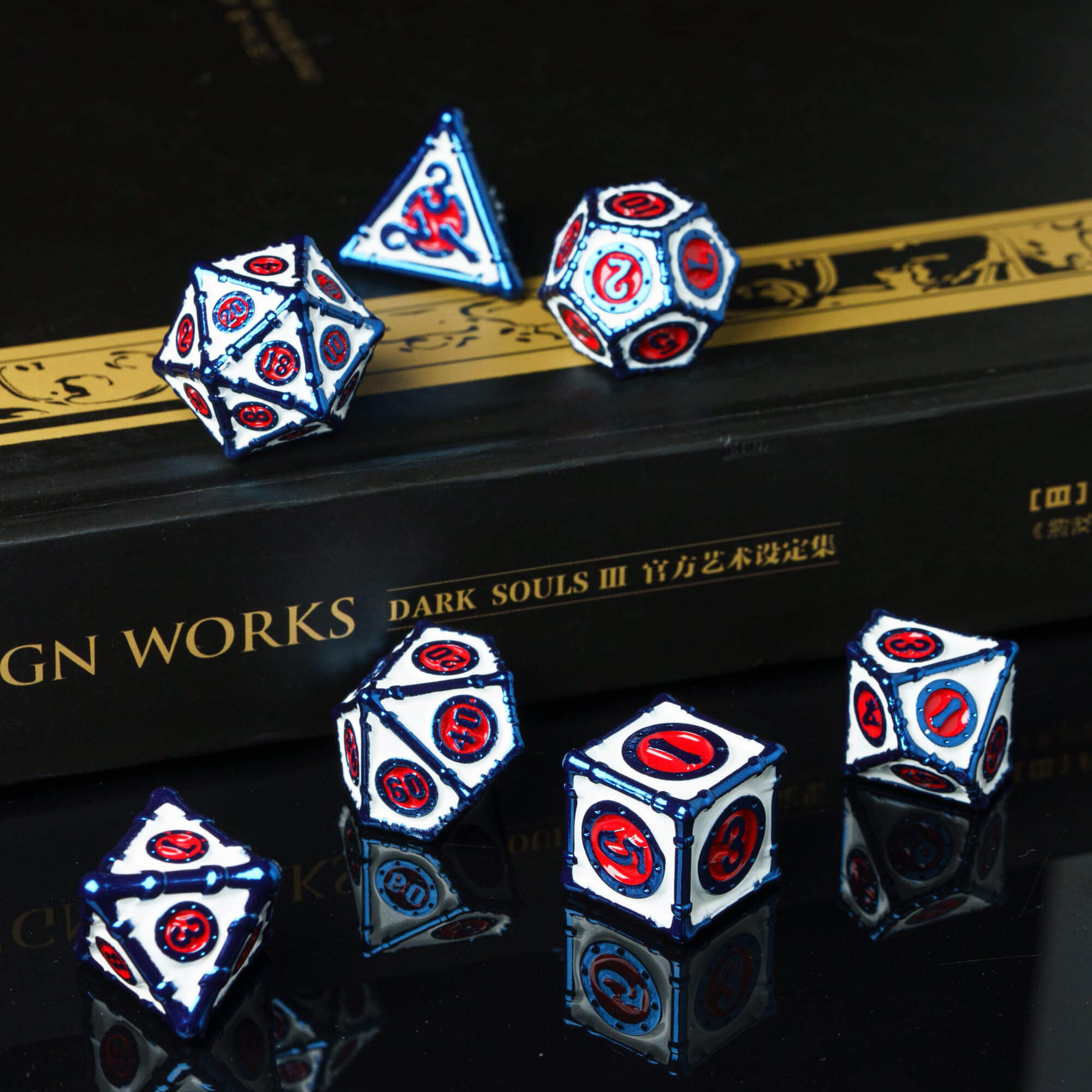 7 Polyhedral Bamboo Tube Metal Dice Sets D And D White Red - Dice of Dragons