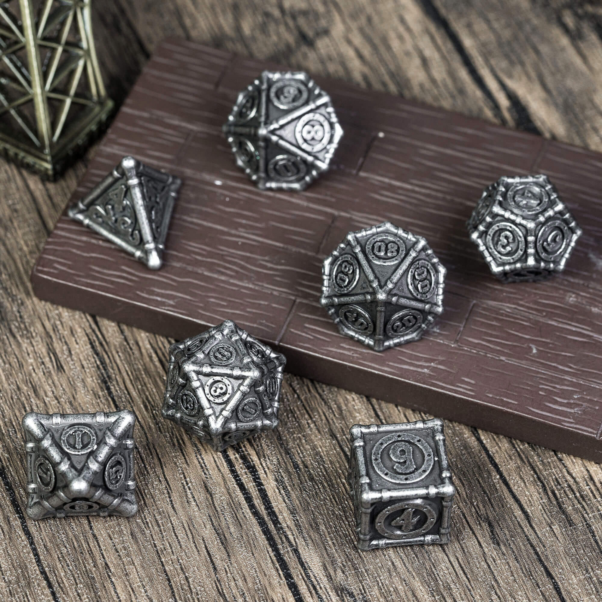 7 Polyhedral Bamboo Tube Metal Dice Sets DnD Nickel - Dice of Dragons