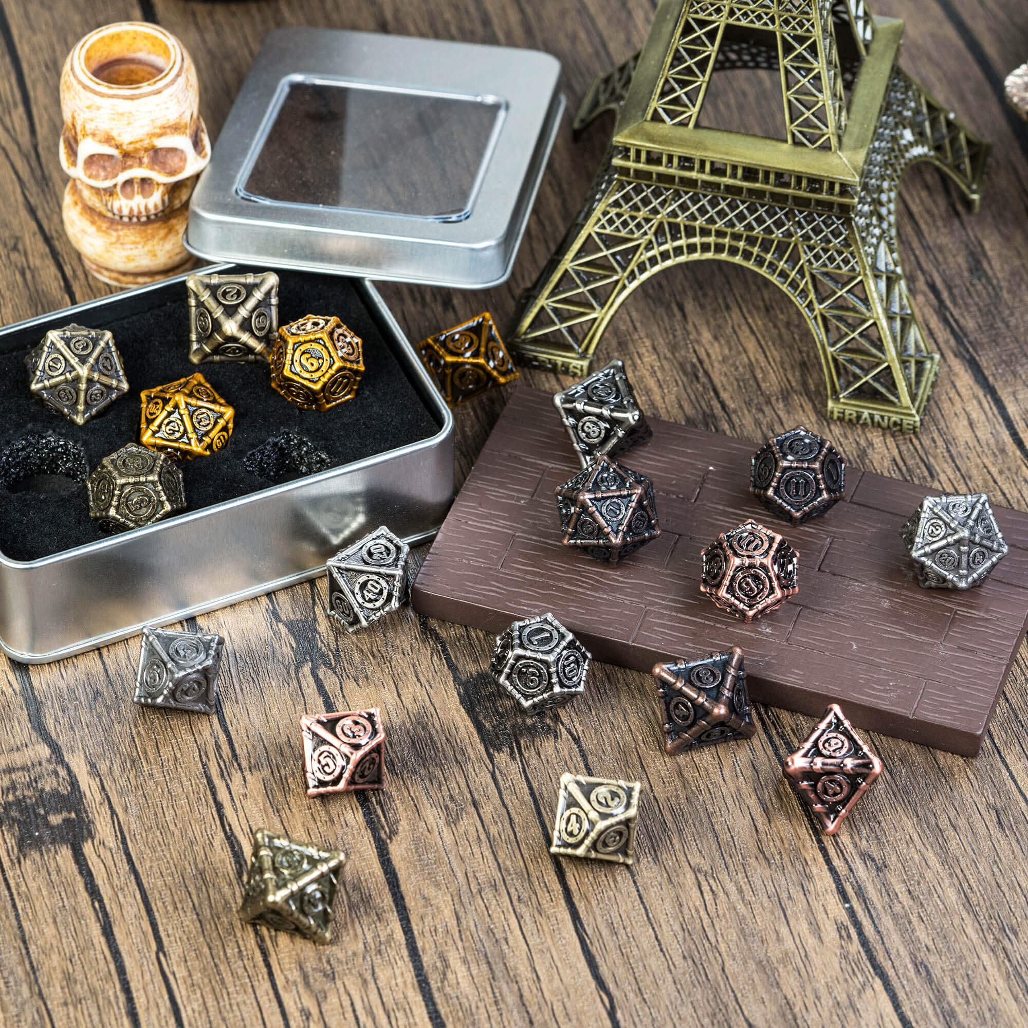 7 Polyhedral Bamboo Tube Metal Dice Sets DnD Nickel - Dice of Dragons