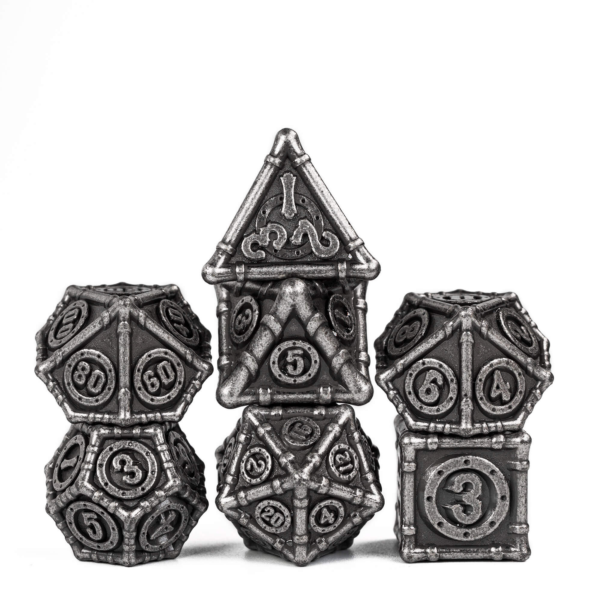 7 Polyhedral Bamboo Tube Metal Dice Sets DnD Nickel - Dice of Dragons