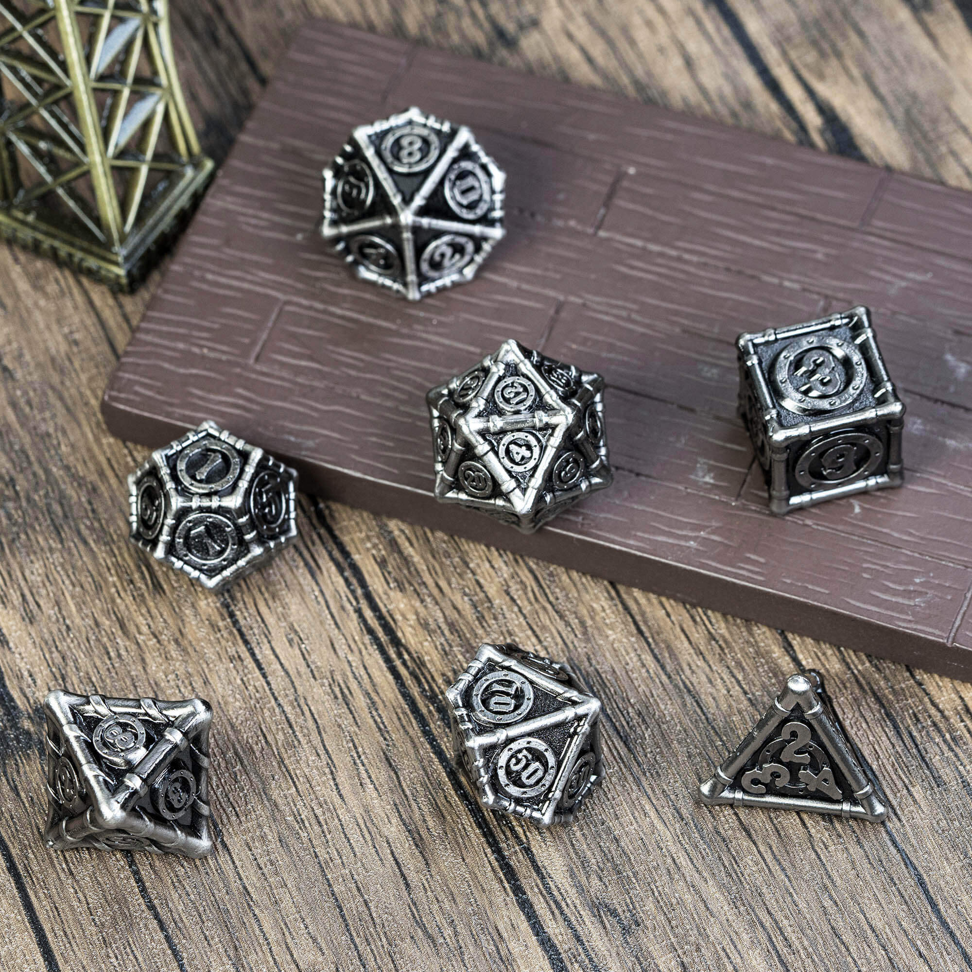 7 Polyhedral Bamboo Tube Metal D&D Dice Set Nickel - Dice of Dragons