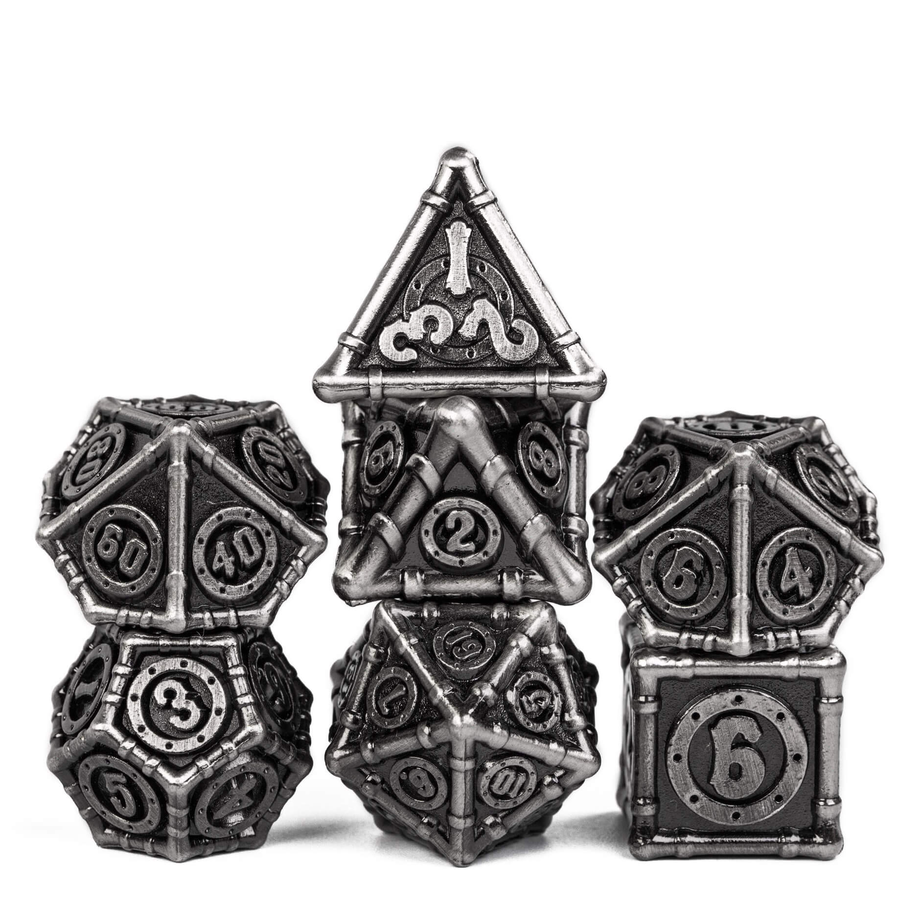 7 Polyhedral Bamboo Tube Metal D&D Dice Set Nickel - Dice of Dragons