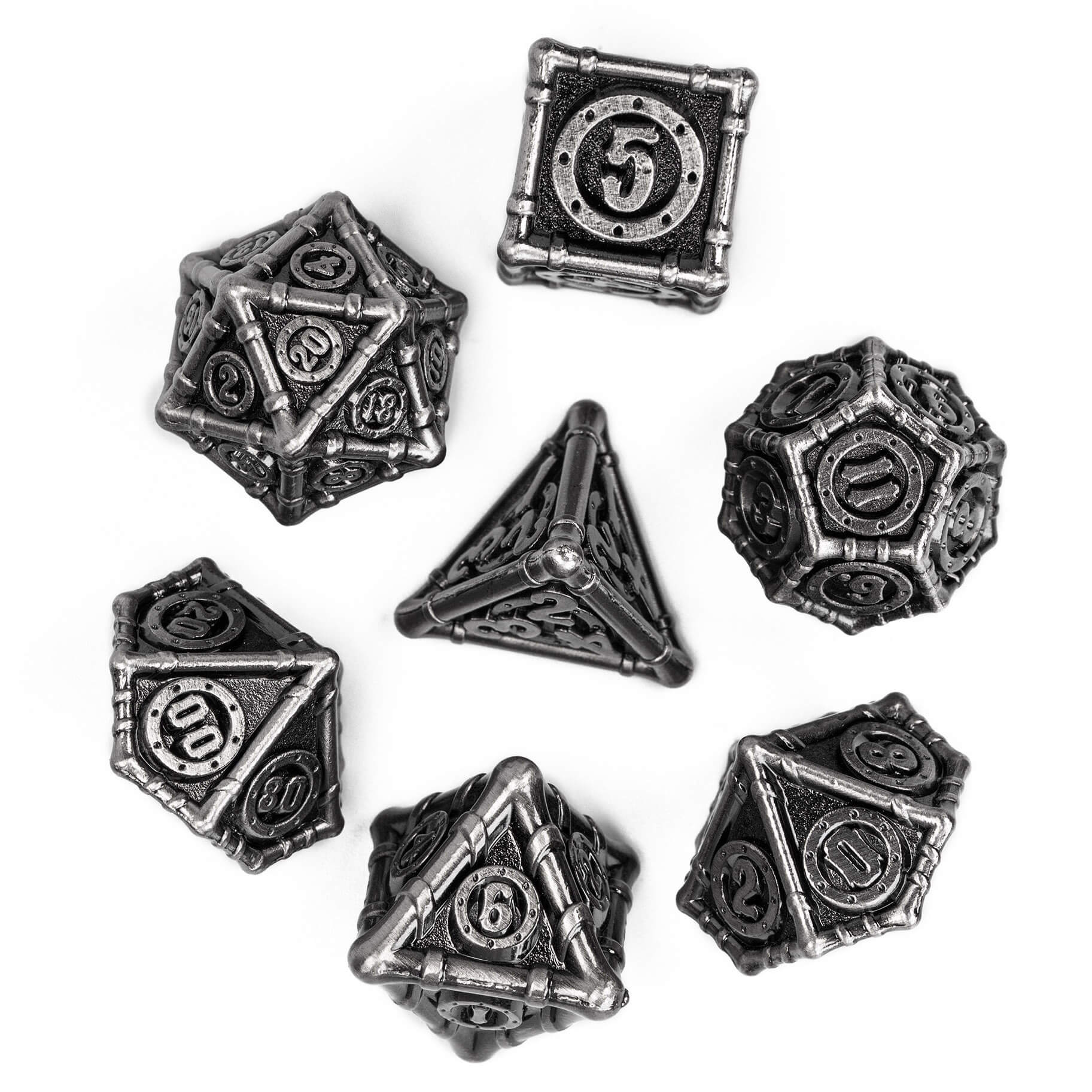 7 Polyhedral Bamboo Tube Metal D&D Dice Set Nickel - Dice of Dragons