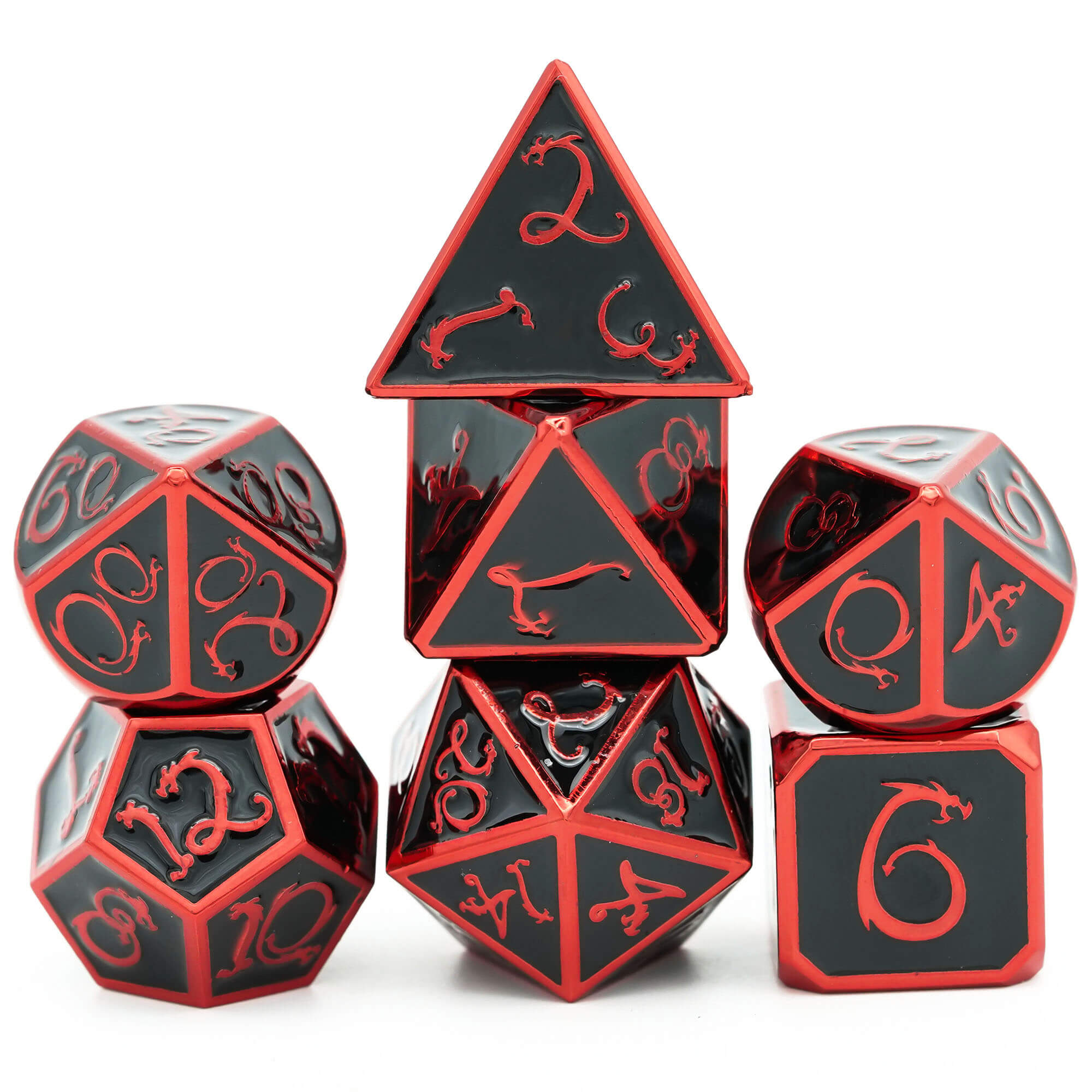 7 Polyhedral Clouds Dragon Metal DD Dice Sets Black Red - Dice of Dragons