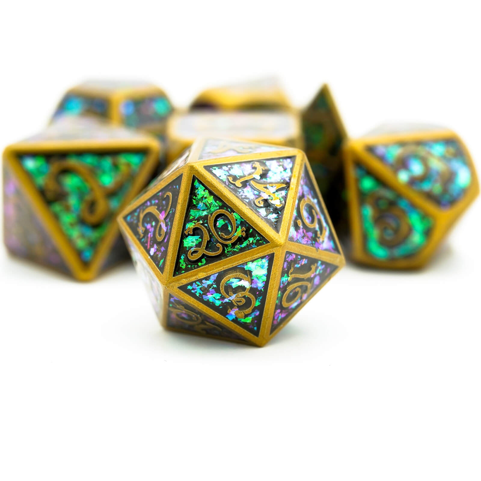 7 Polyhedral Clouds Dragon Metal Dice Set DD Gold - Dice of Dragons