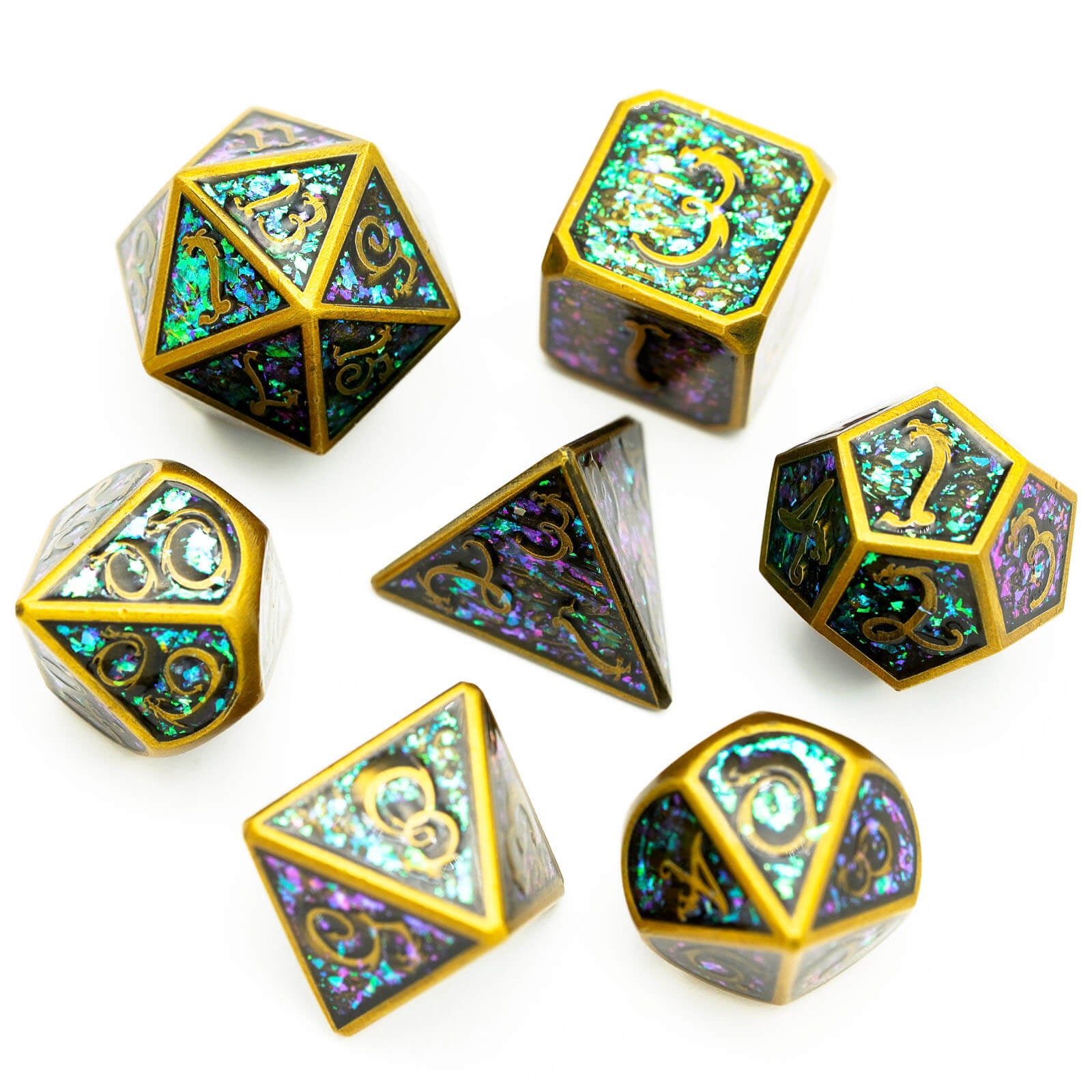 7 Polyhedral Clouds Dragon Metal Dice Set DD Gold - Dice of Dragons