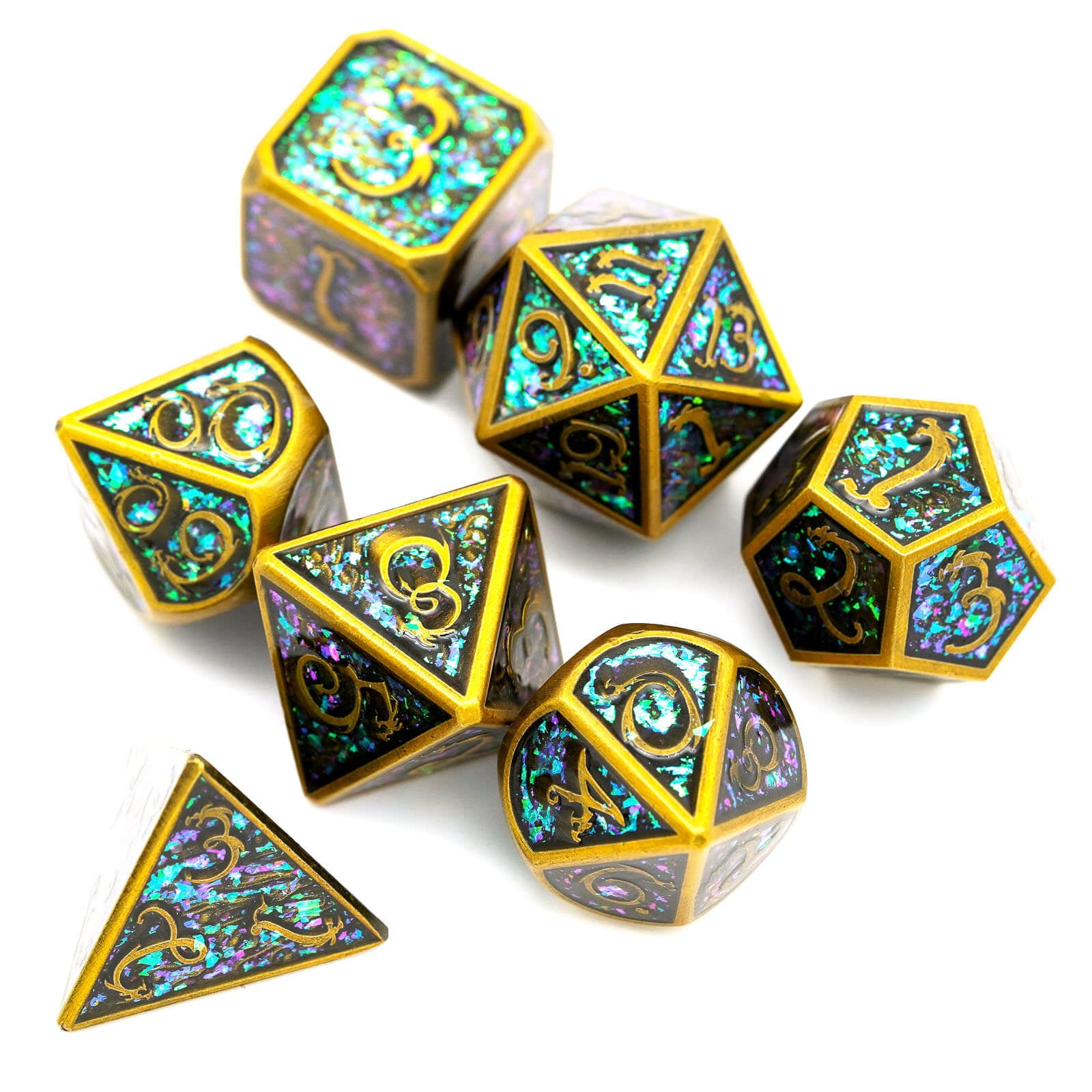 7 Polyhedral Clouds Dragon Metal Dice Set DD Gold - Dice of Dragons