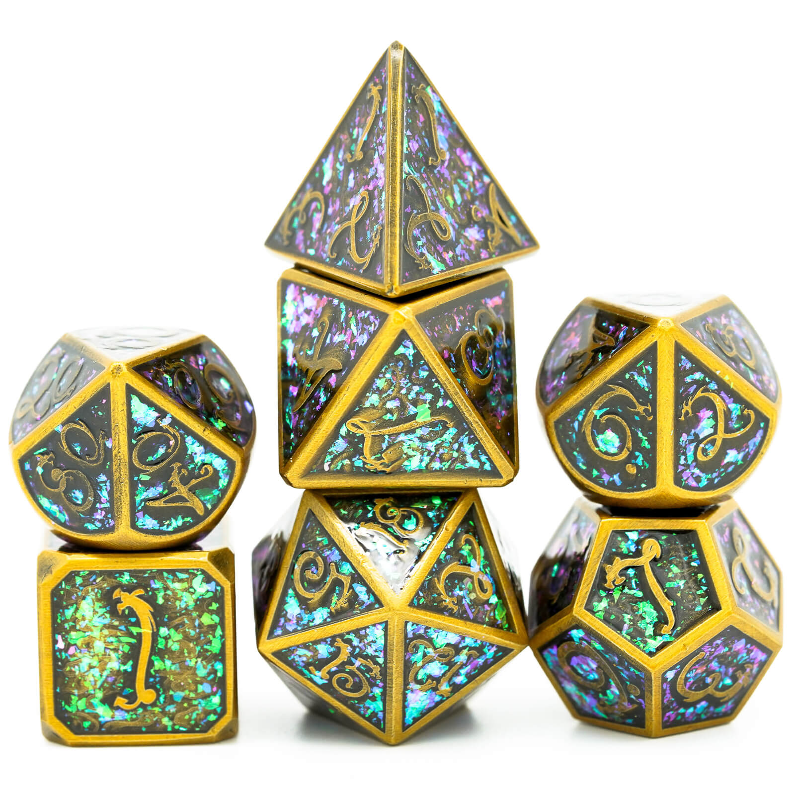 7 Polyhedral Clouds Dragon Metal Dice Set DD Gold - Dice of Dragons