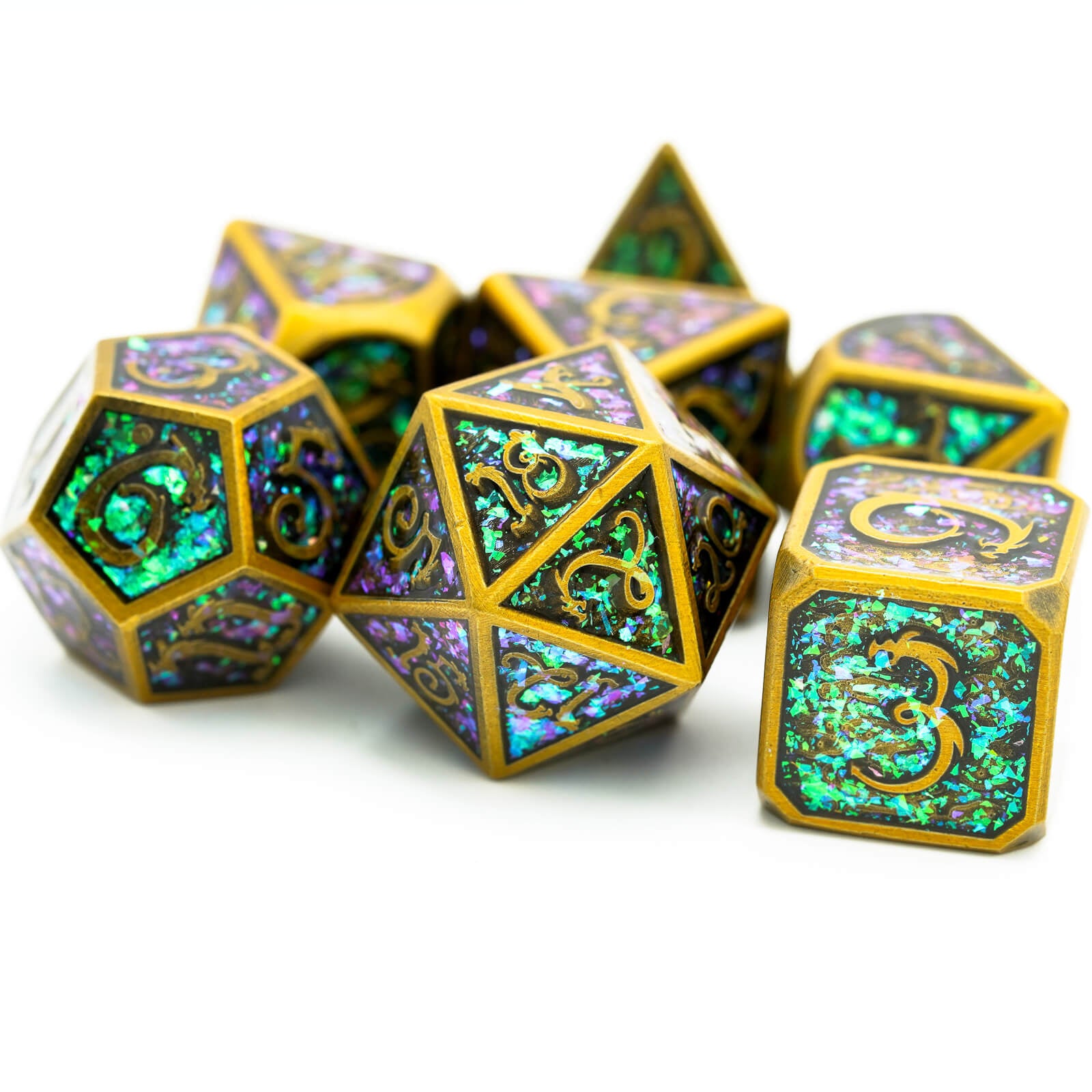 7 Polyhedral Clouds Dragon Metal Dice Set DD Gold - Dice of Dragons