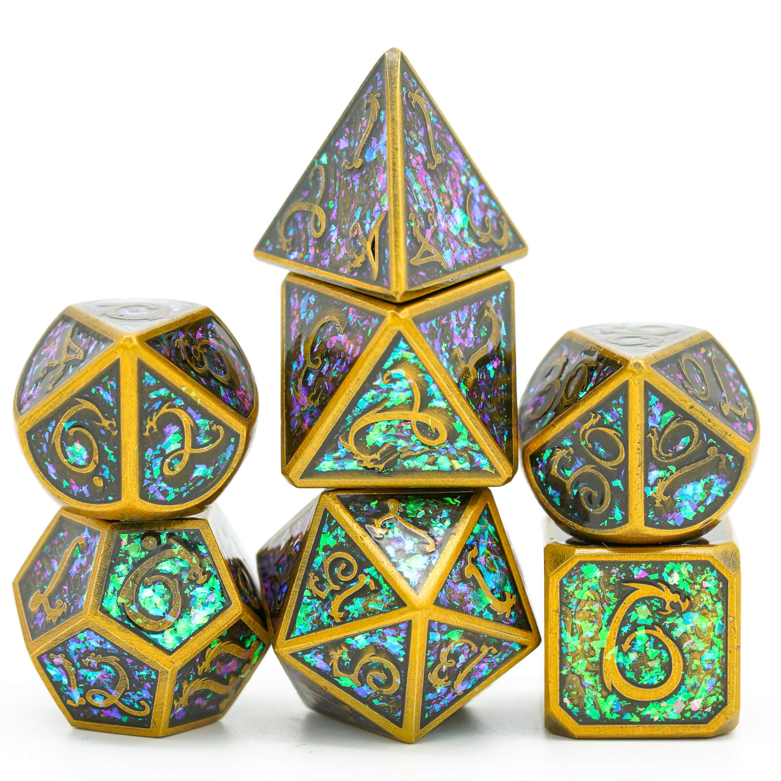 7 Polyhedral Clouds Dragon Metal Dice Set DD Gold - Dice of Dragons