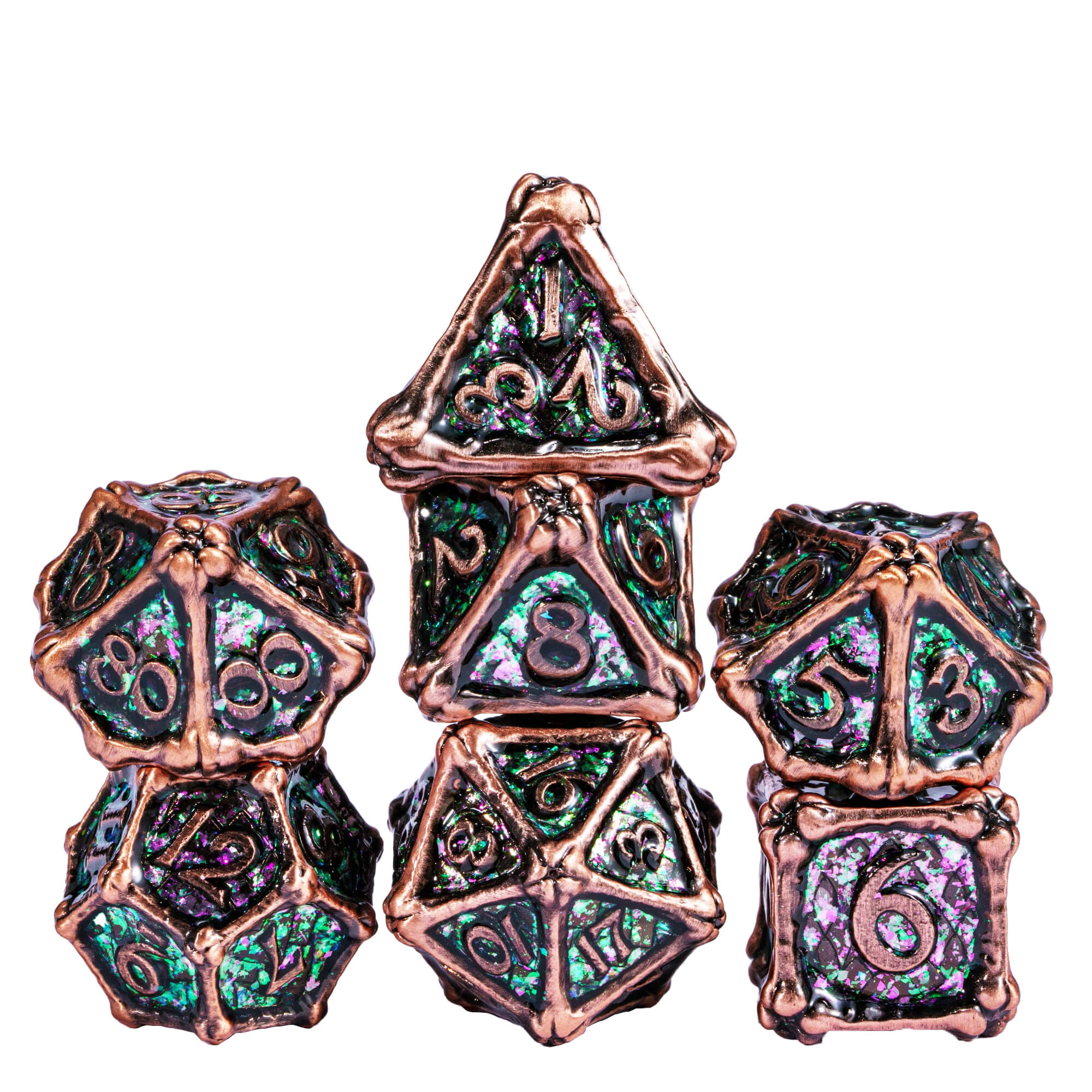 7 Polyhedral Dragon Bones Metal DD Dice Sets Red Copper - Dice of Dragons