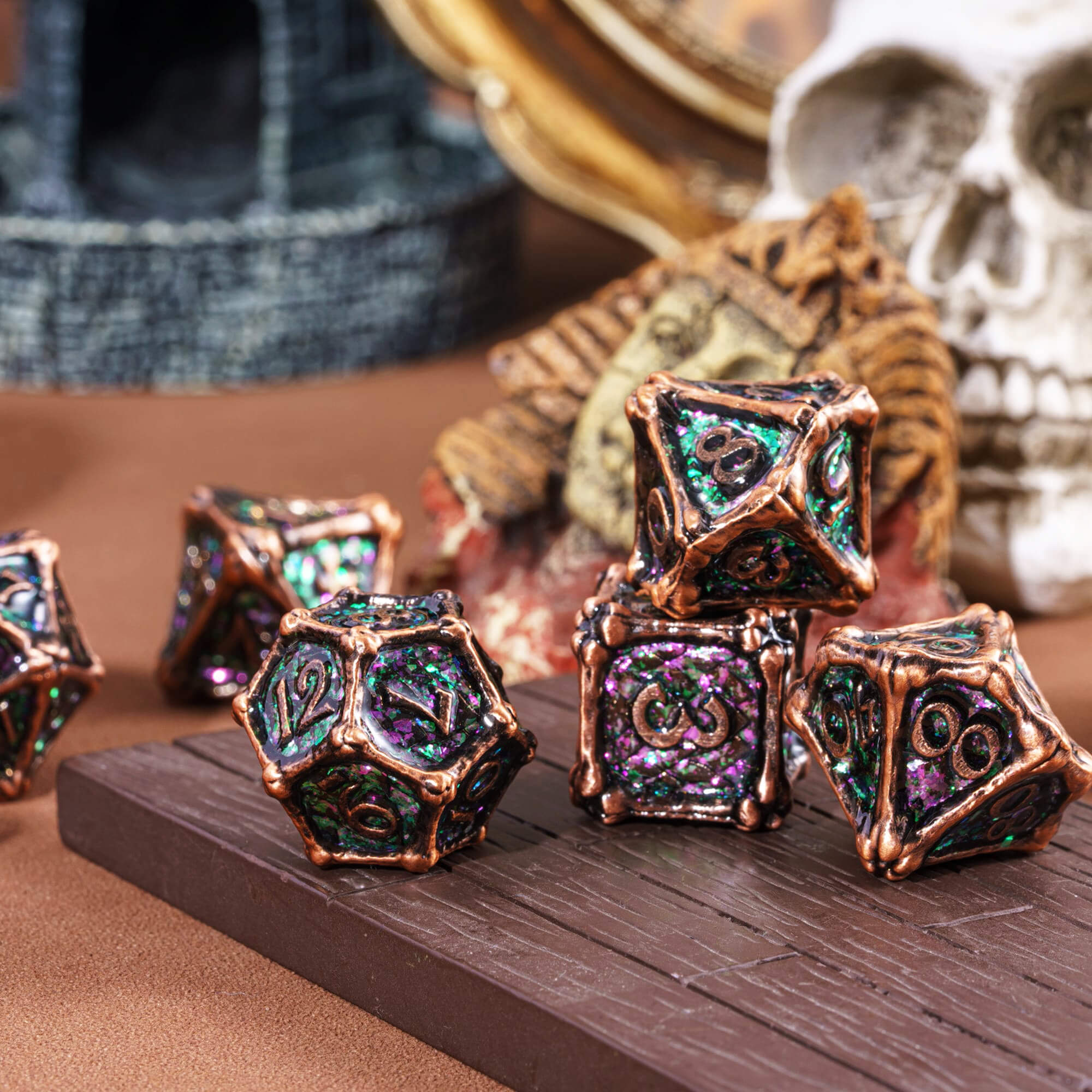 7 Polyhedral Dragon Bones Metal DD Dice Sets Red Copper - Dice of Dragons