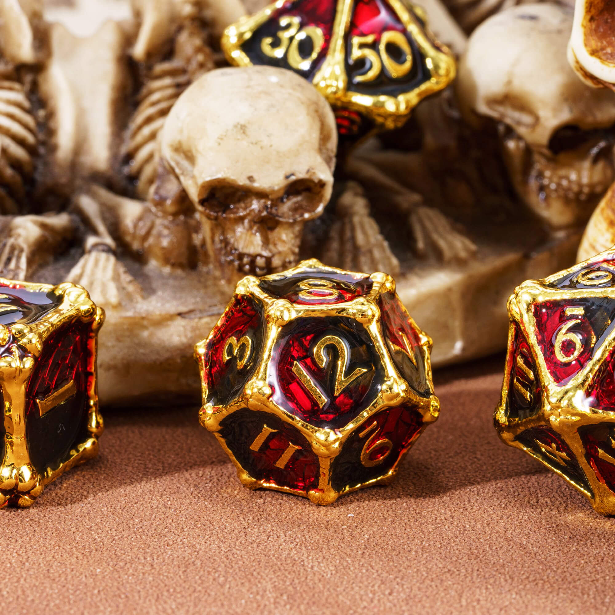 7 Polyhedral Dragon Bones Metal Dice Sets D And D Black Red - Dice of Dragons