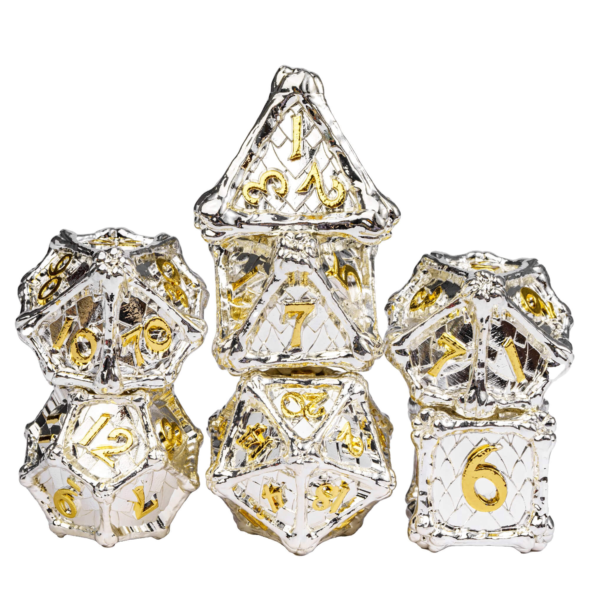 7 Polyhedral Dragon Bones Metal Dice Set DD Silver Gold - Dice of Dragons