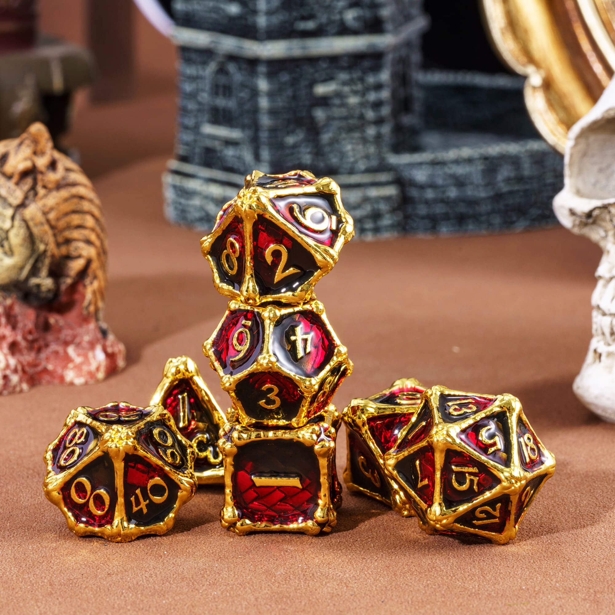 7 Polyhedral Dragon Bones Metal Dice Sets D And D Black Red - Dice of Dragons